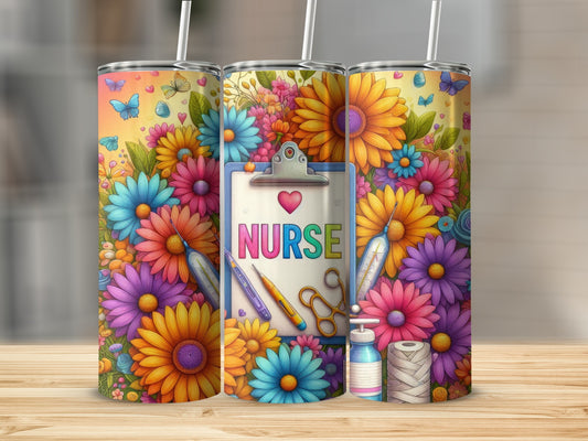 Nurse themed tumbler with colorful flowers, butterflies, medical icons, and text.