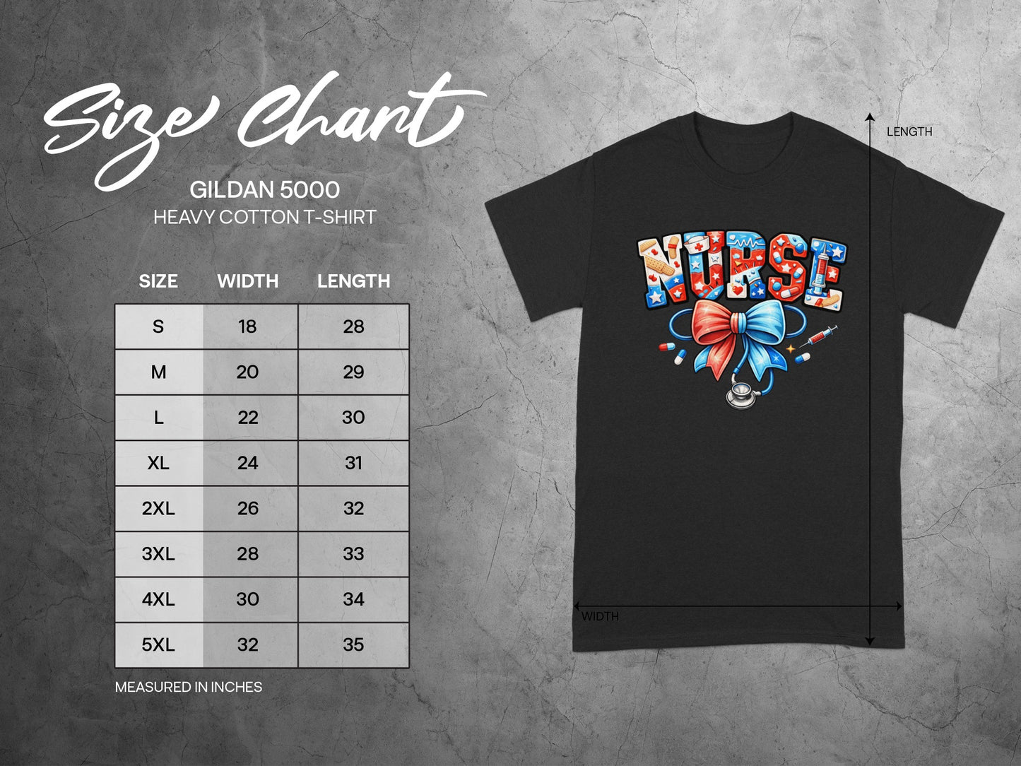Gildan 5000 Heavy Cotton T-shirt size chart with width and length measurements.