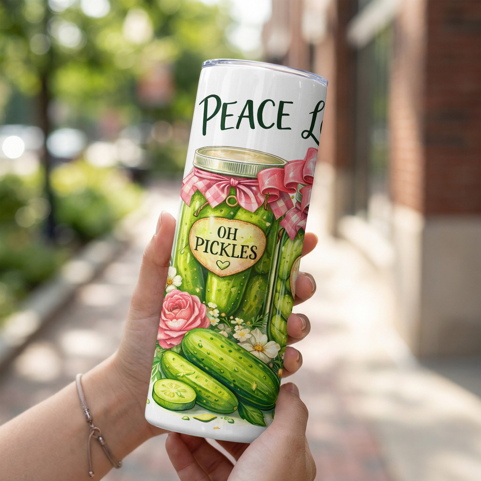 Tumbler with "Oh Pickles" jar design, pink bow, and green pickles.