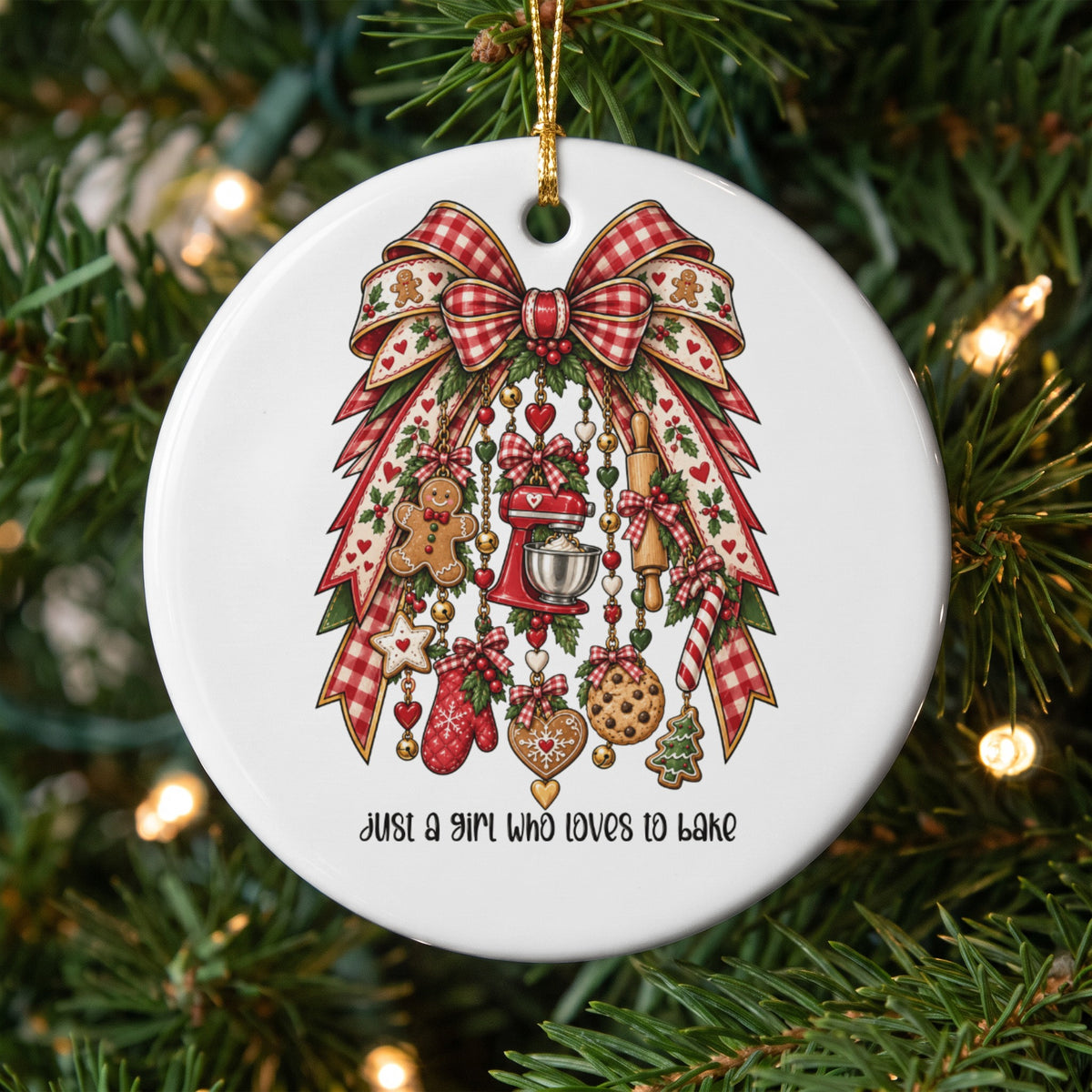 Christmas ornament with baking decorations and "Just a girl who loves to bake" text.
