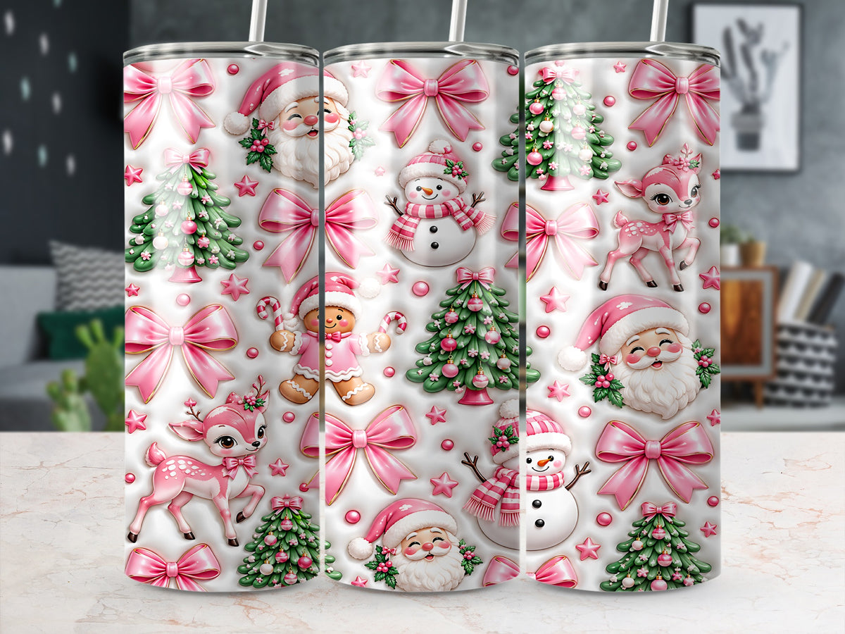 Three matching tumblers feature a festive pink and white Christmas pattern with Santa, snowmen, and trees.