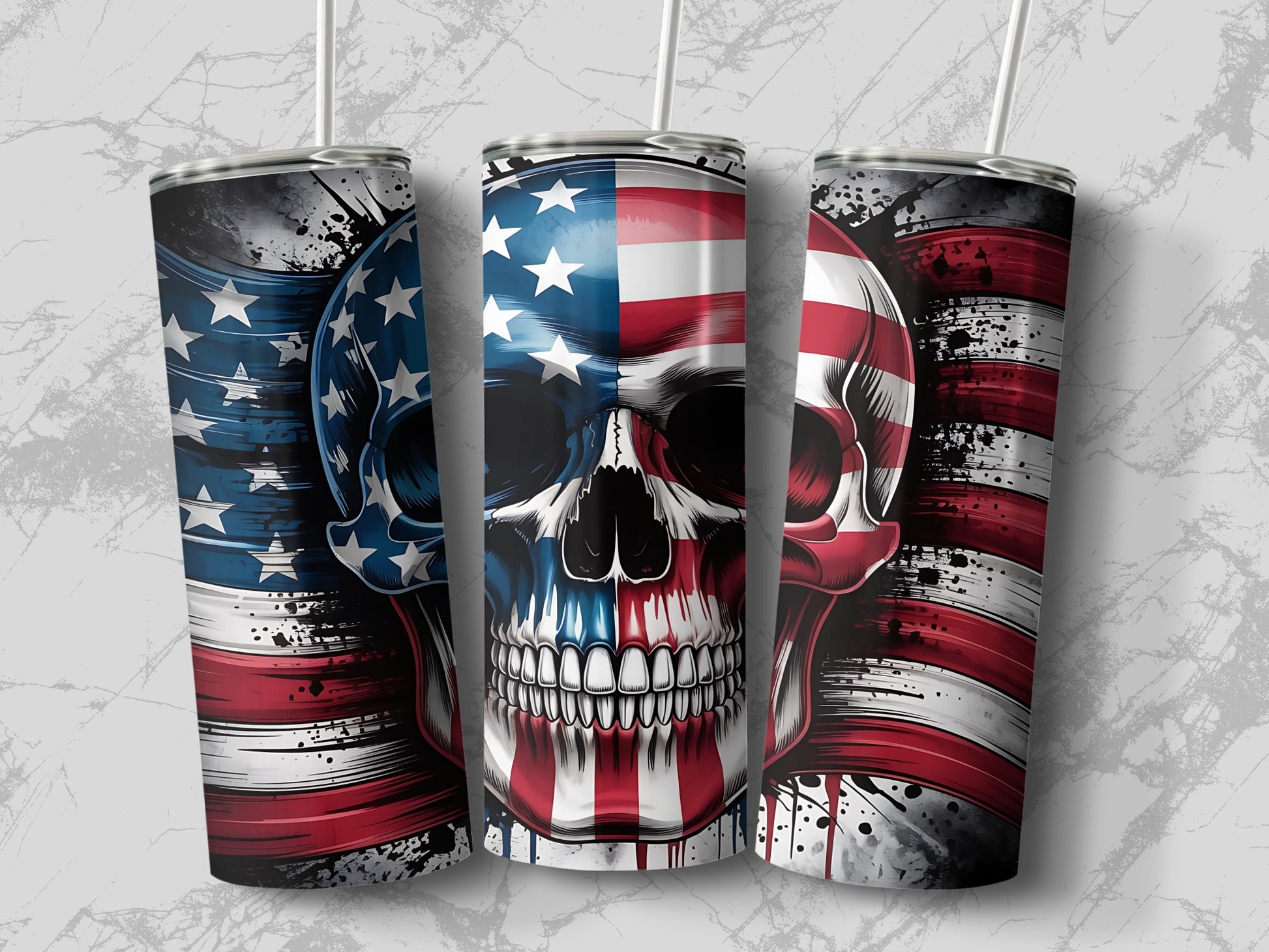 Triptych of a skull with American flag patterns and distressed brushstrokes.
