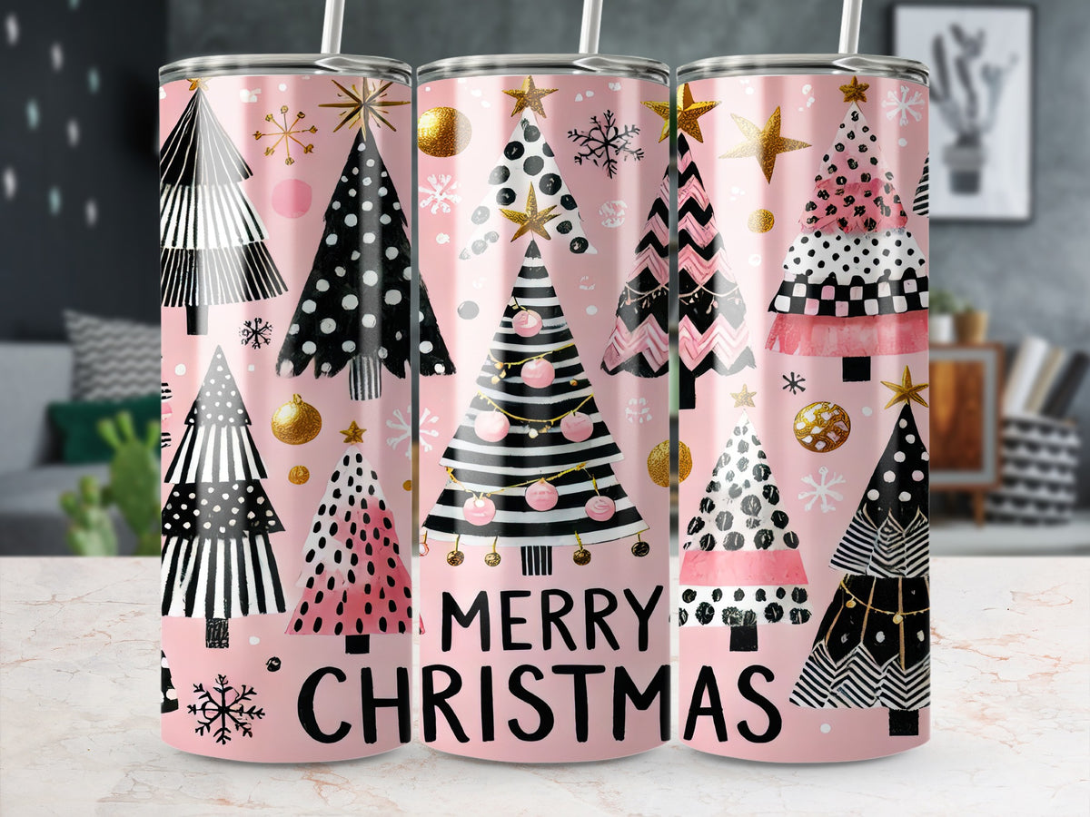 Three pink tumblers feature black, white, and pink Christmas trees, snowflakes, and the text "MERRY CHRISTMAS".