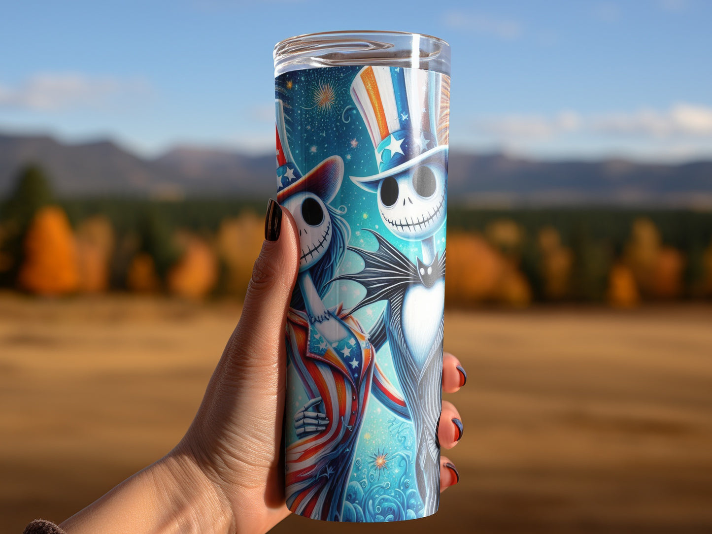 Jack Skellington and Sally wearing patriotic outfits on a tumbler.