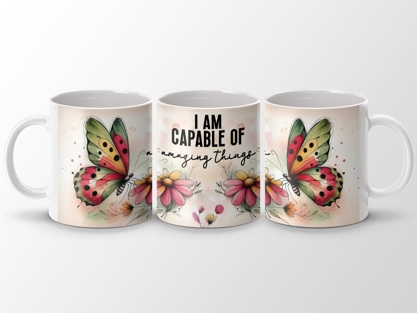 Colorful Butterfly Flowers I AM CAPABLE OF amazing things mug
Mug
Butterfly
Flowers
Inspirational
Motivation
Capable
AmazingThings
Quote
PositiveVibes
Watercolor
Artistic
Colorful
RedButterfly
GreenButterfly
PinkFlowers
GiftIdea
CoffeeMug
TeaCup
HomeDecor
UniqueDesign