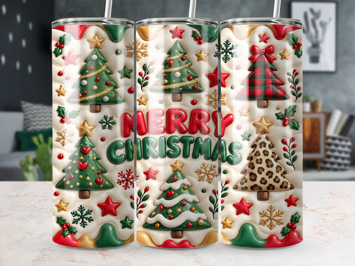 Three tall tumblers display an embossed Merry Christmas design featuring various Christmas trees, stars, and snowflakes on a white background.
