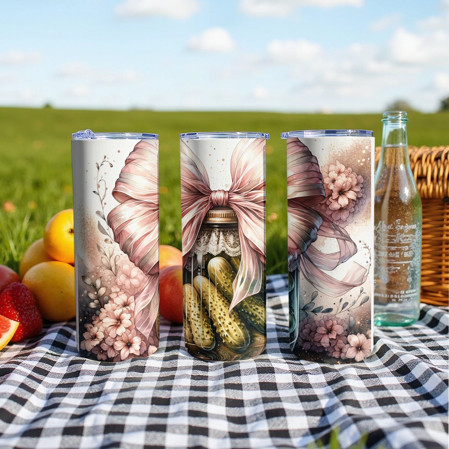 Three tumblers with floral and ribbon designs sit on a checkered picnic blanket.