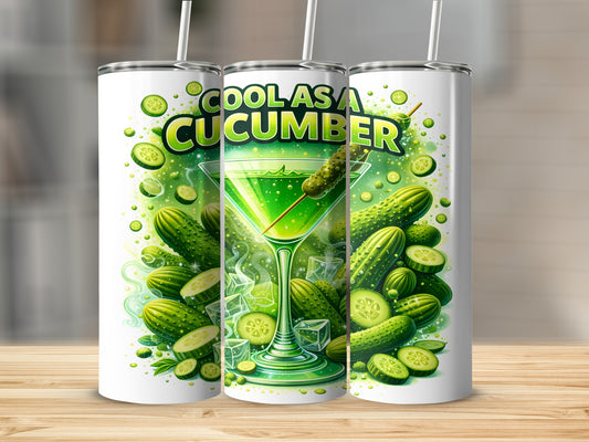 Green cocktail with pickles and "Cool as a Cucumber" text.