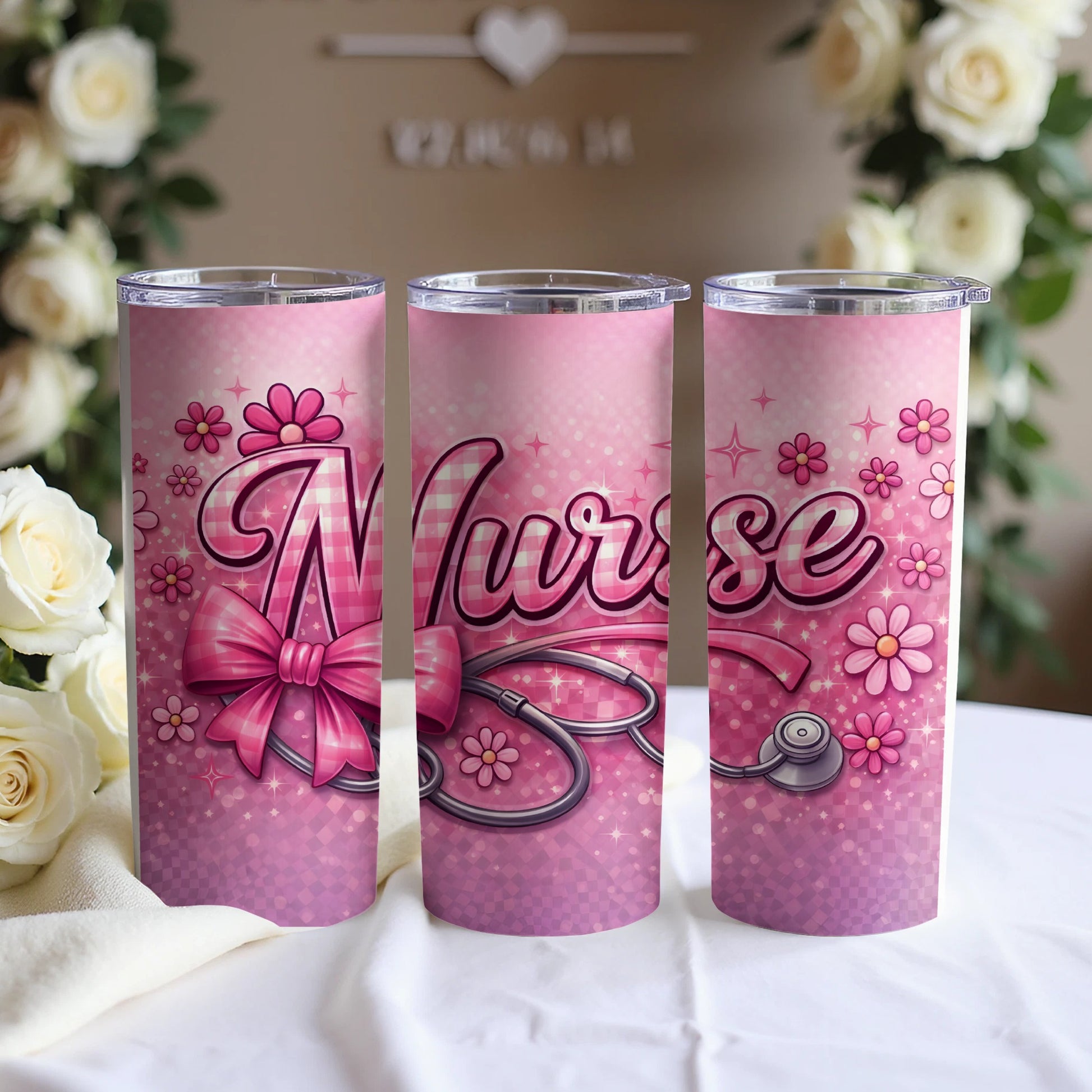 Pink nurse tumbler with stethoscope and floral accents.