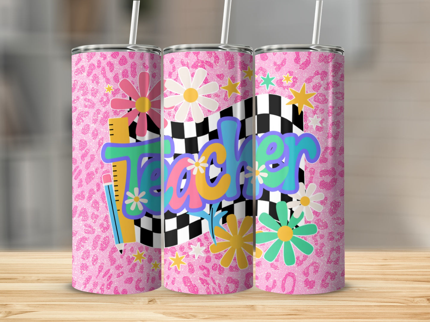 Three tumblers with "Teacher" text surrounded by retro flowers, stars, and leopard print.