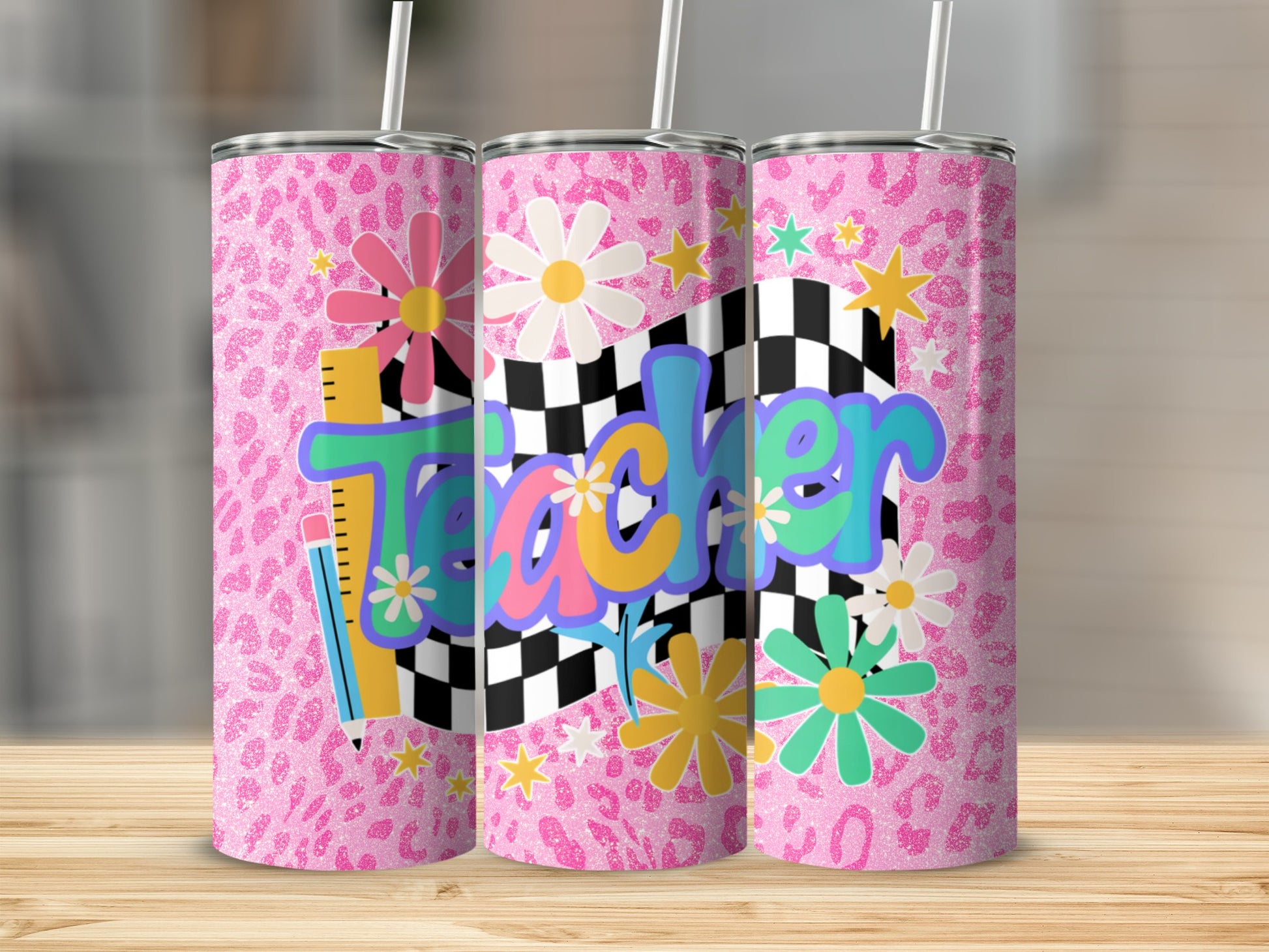 Three tumblers with "Teacher" text surrounded by retro flowers, stars, and leopard print.