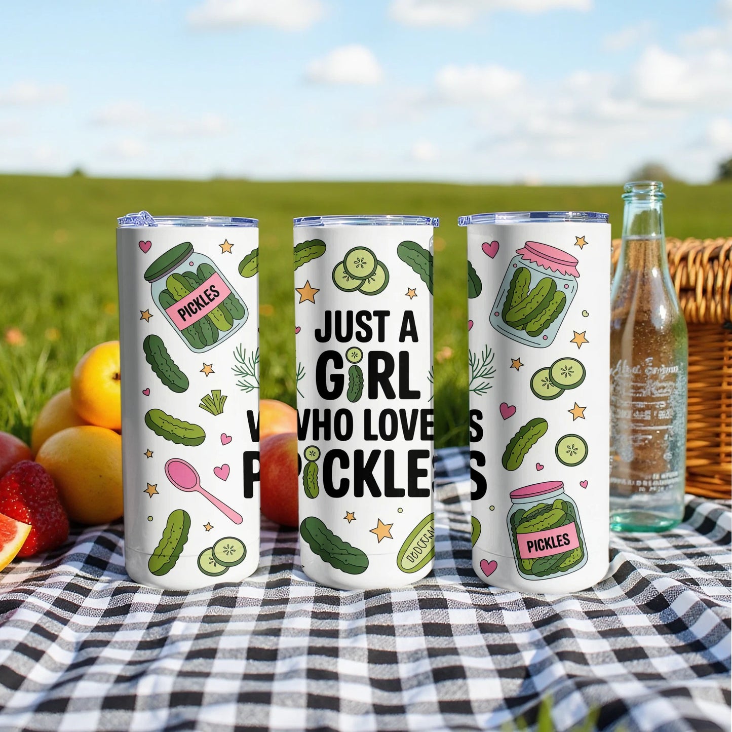 Three tumblers featuring pickles and the text "Just a girl who loves pickles."