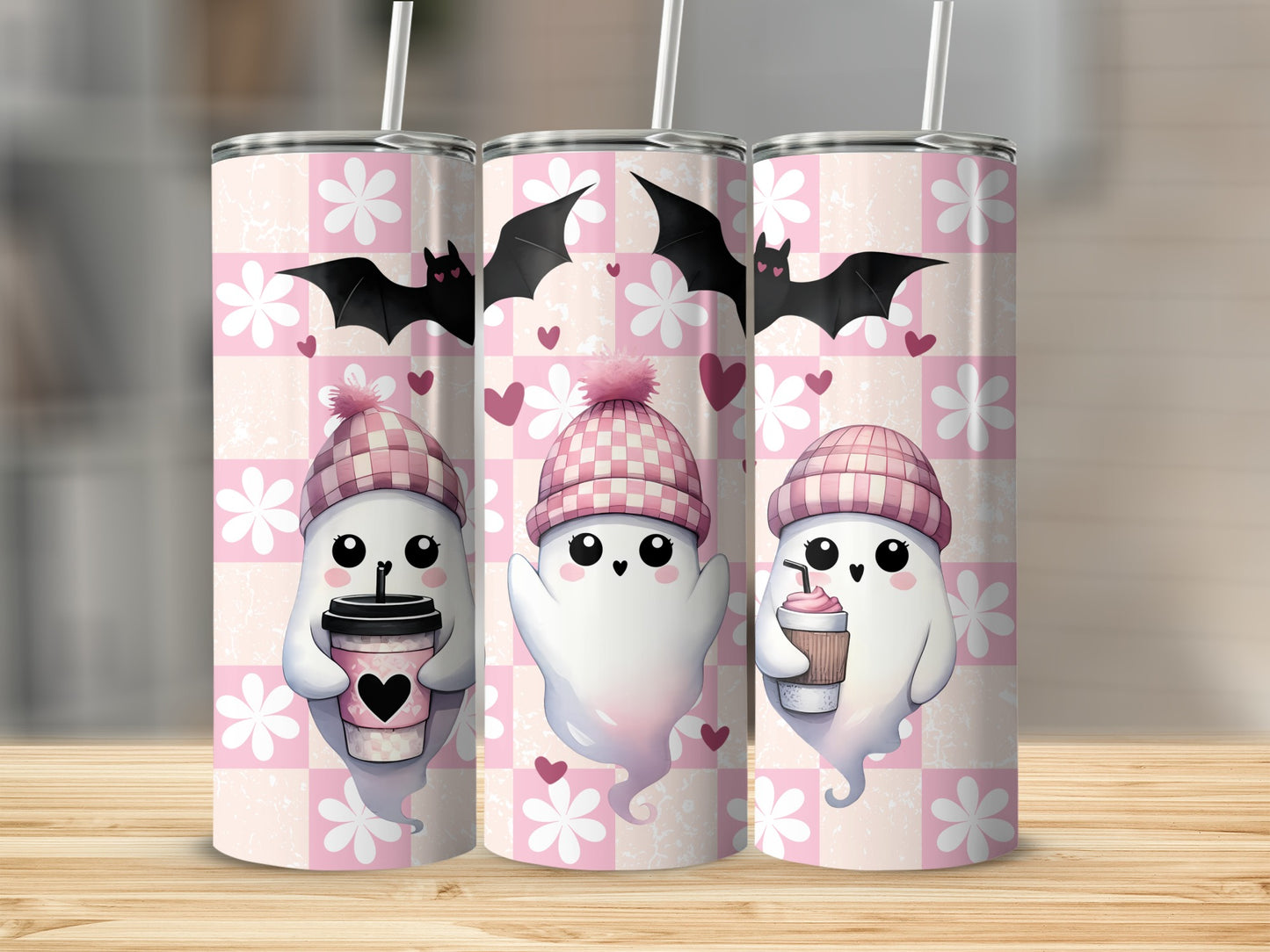 Three tumblers featuring cute ghosts, bats, and pink checkerboard pattern.