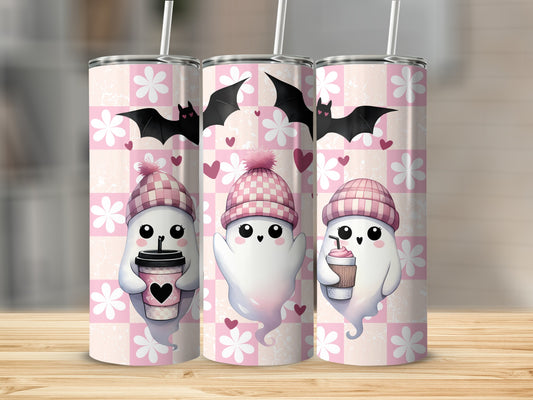 Three tumblers with cute ghosts, bats, and coffee cups on pink checkered background.
