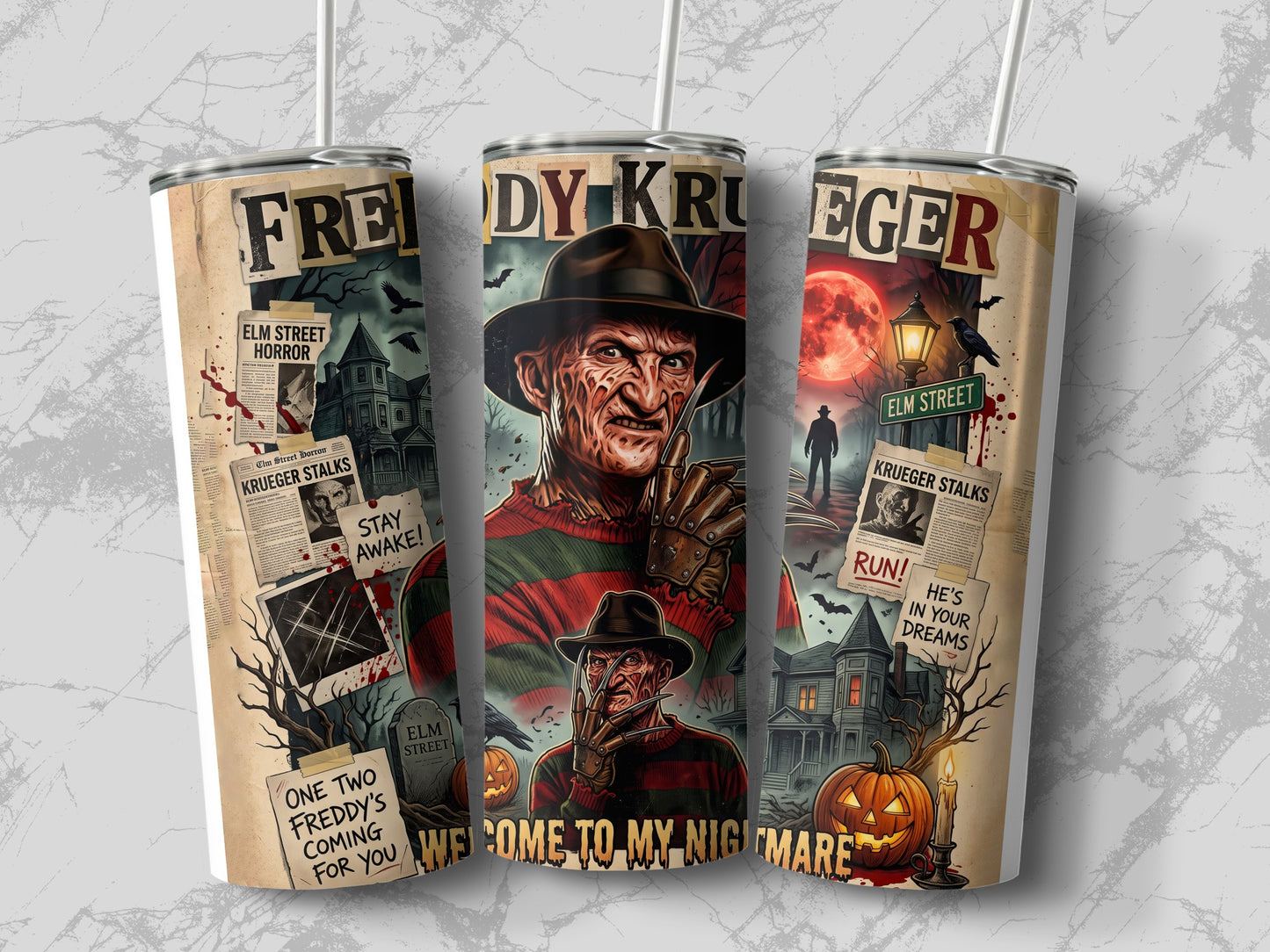 Three tumblers feature Freddy Krueger art with newspaper clippings and horror imagery.