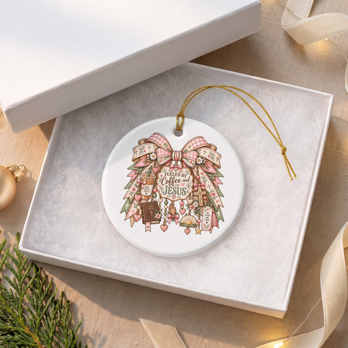 Round ornament with "Fueled by Coffee and Jesus" text and religious symbols.