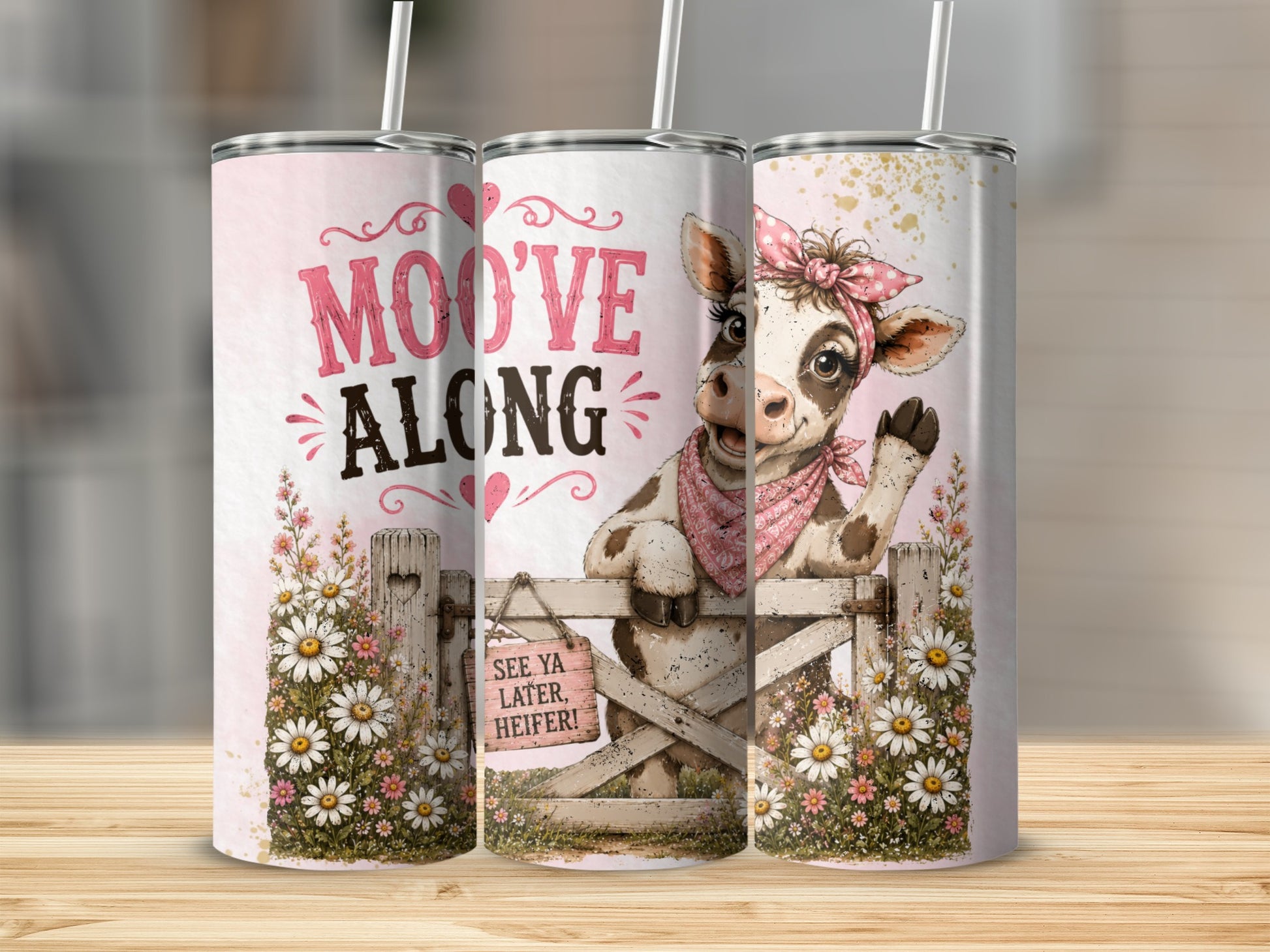 Cow illustration with "Moo've Along" and "See Ya Later, Heifer!" text.