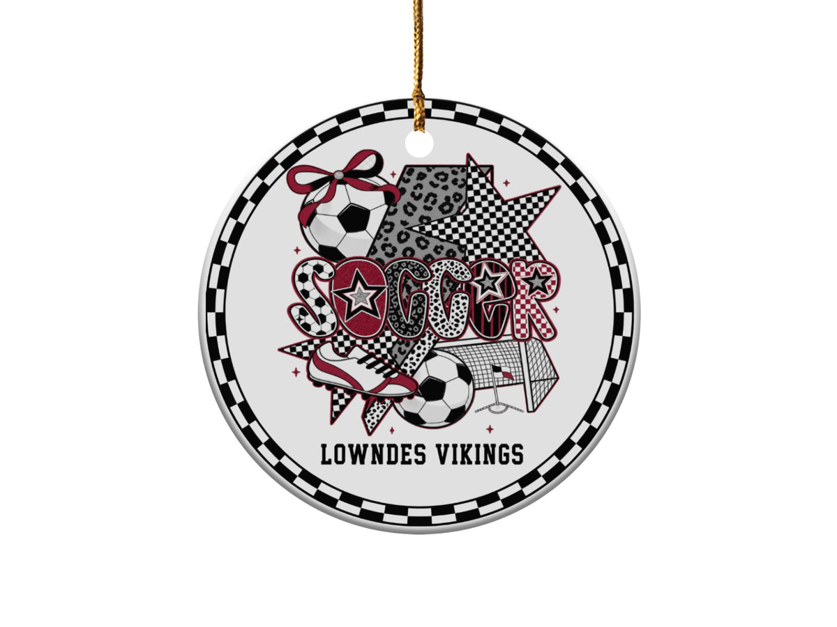 Round ornament with "SOCCER" text, soccer balls, cleats, and "LOWNDES VIKINGS" label.