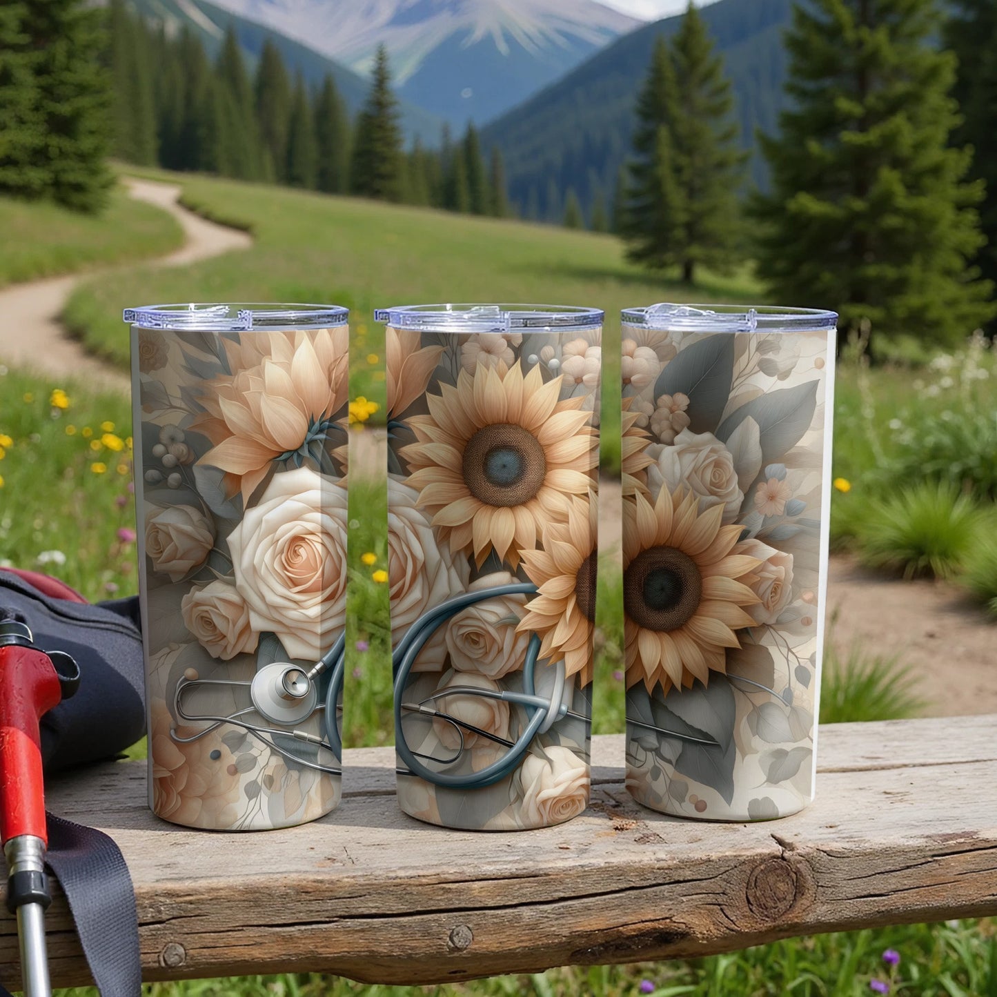 Three floral-patterned tumblers with sunflowers and roses on a wooden surface.