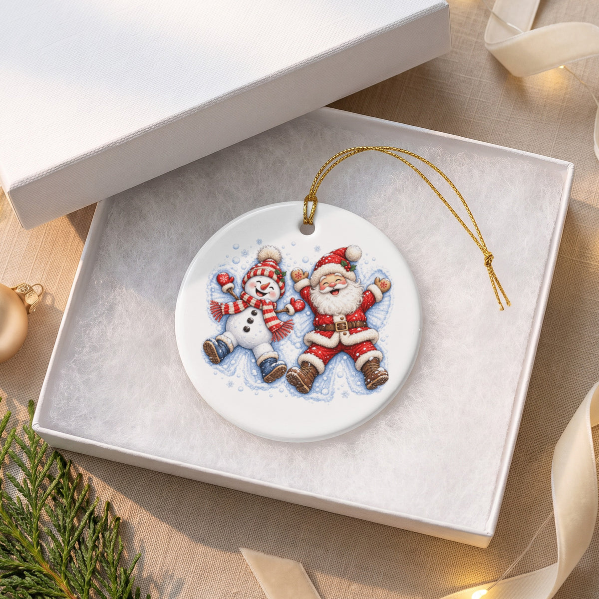 Christmas ornament featuring Santa and a snowman lying in snow.