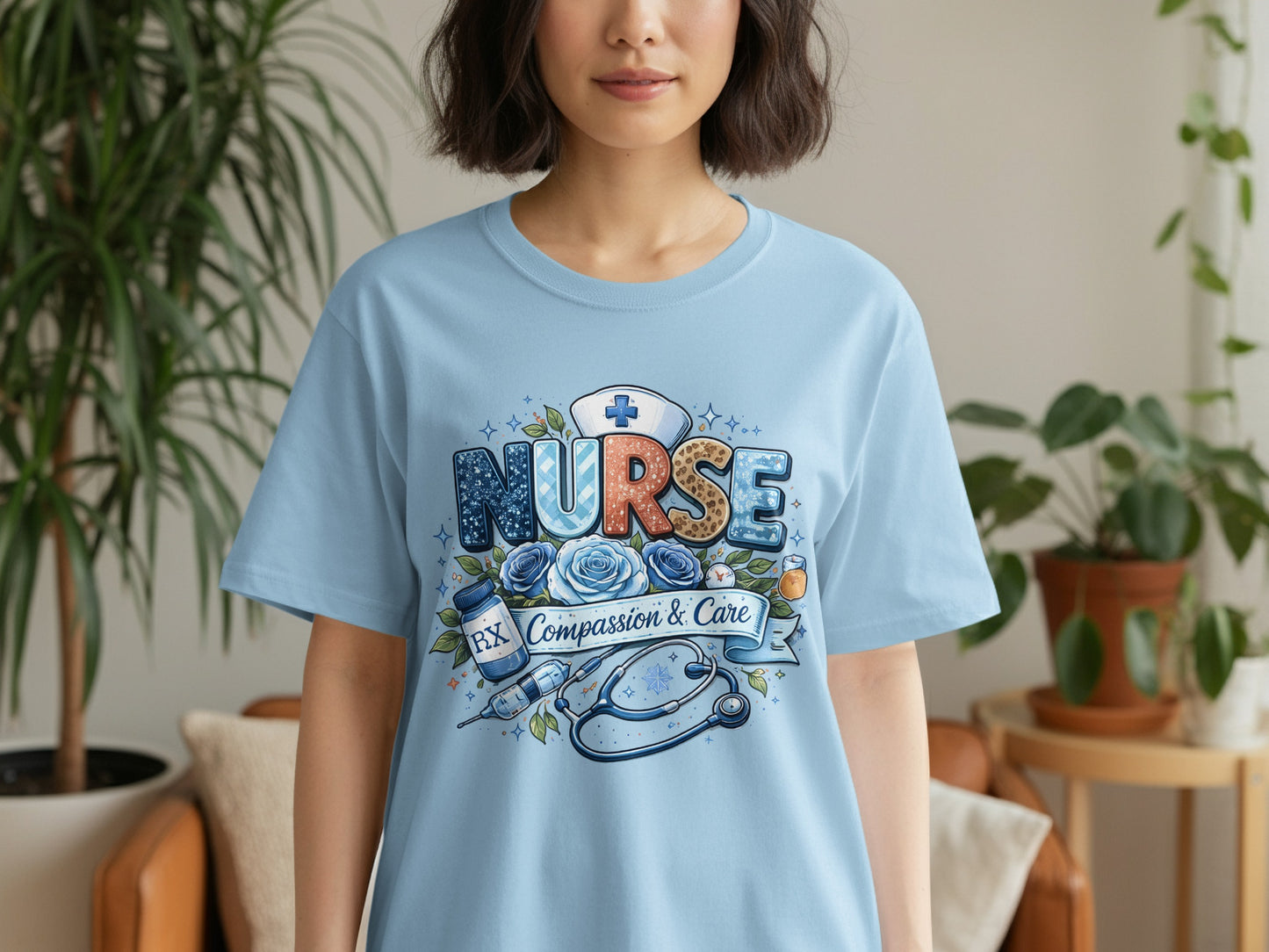 Light blue t-shirt with "Nurse" text, stethoscope, and floral medical symbols.