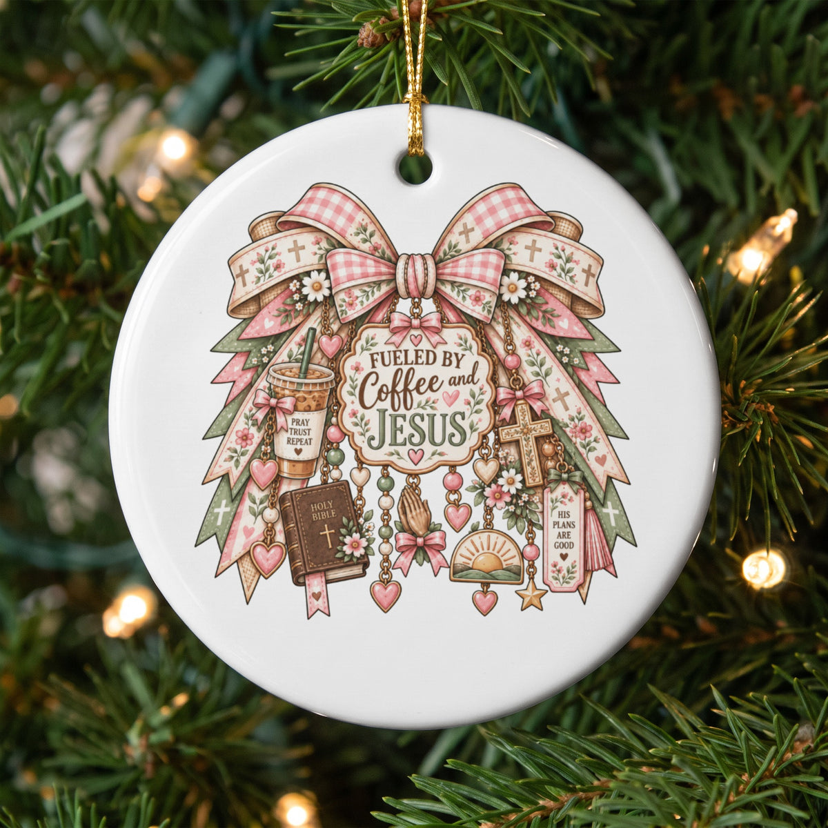 Round ornament with "Fueled by Coffee and Jesus" text and religious icons.