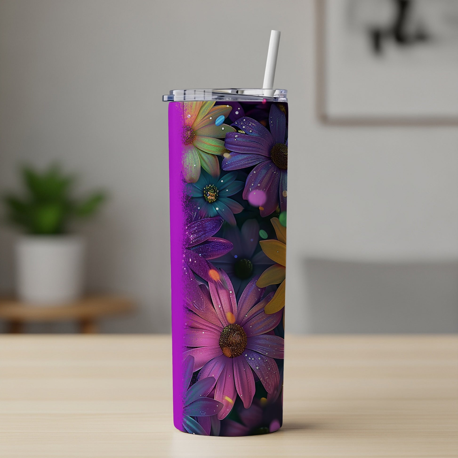 Vibrant Floral Sparkle Tumbler Drinkware product type
Tumbler, Floral, Flower, Daisy, Colorful, Vibrant, Sparkle, Drinkware, Hydration, Beverage, Gift, Travel, Summer, Spring, Pattern, Design, Purple, Pink, Blue, Magenta