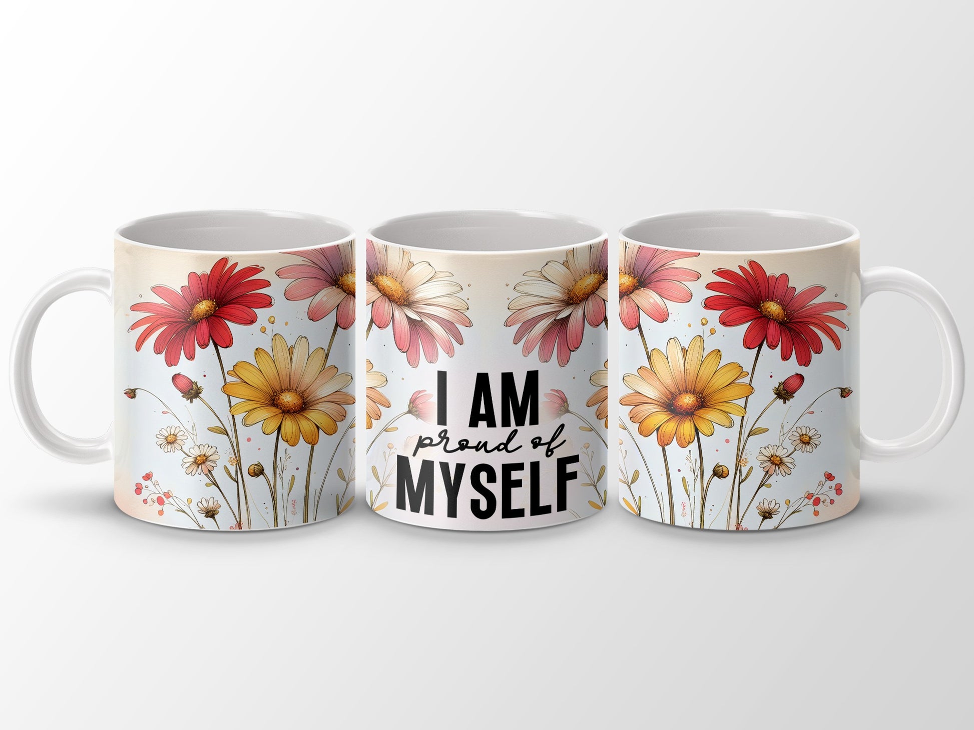 I AM proud of MYSELF Floral Daisy Design Mug product type
mug
coffee mug
tea cup
drinkware
inspirational mug
motivational gift
self love product
proud myself quote
affirmation decor
positive message
floral design mug
daisy flower print
red floral mug
yellow flowers art
watercolor floral
botanical mug
home kitchen gift
daily affirmation
uplifting drinkware
unique mug gift