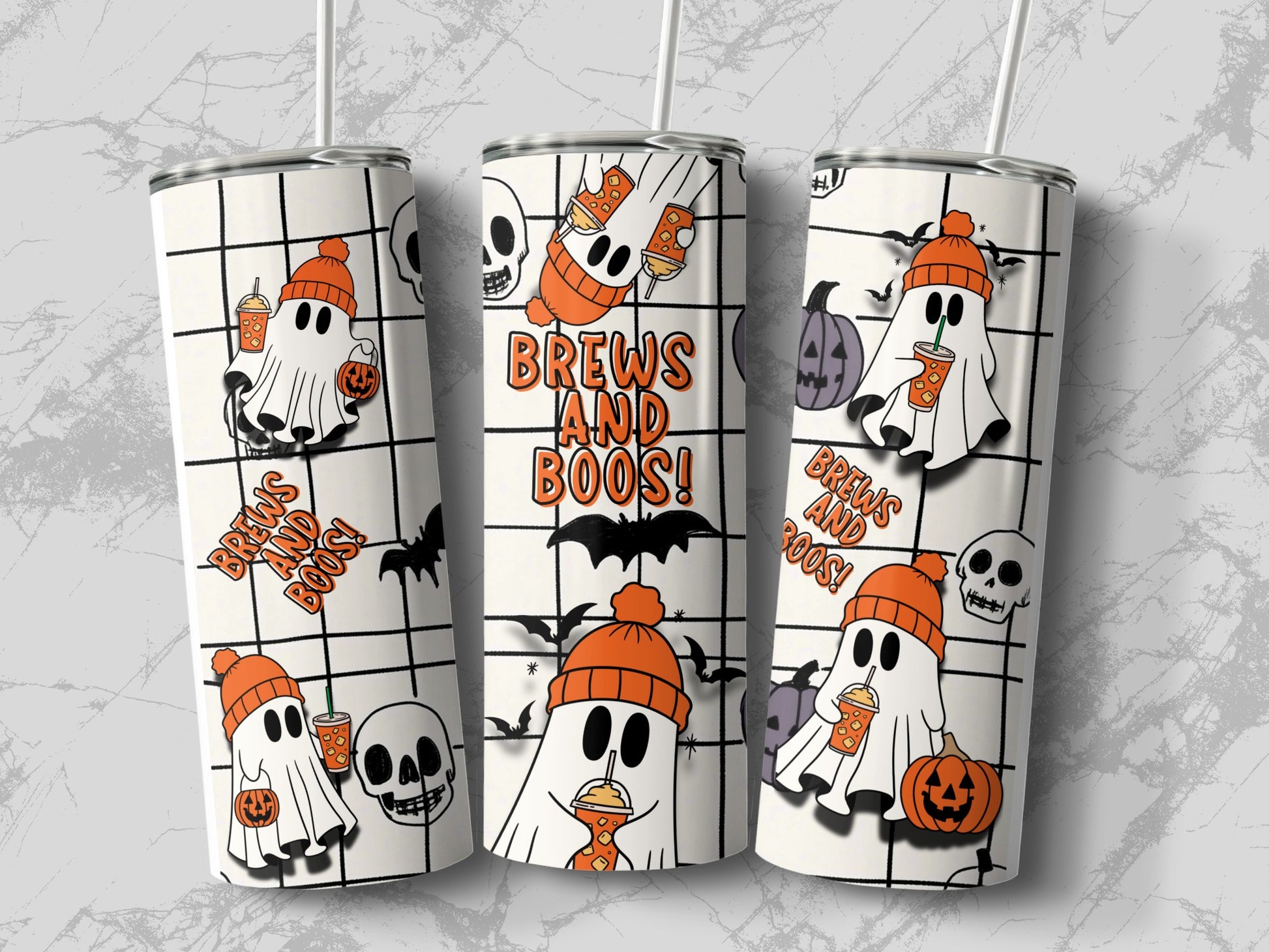 Three tumblers featuring cartoon ghosts, pumpkins, skulls, bats, and "BREWS AND BOOS!" text.