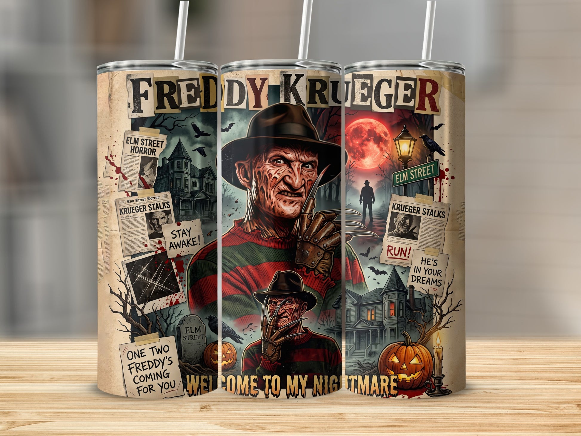 Freddy Krueger artwork with text: "Freddy Krueger", "Elm Street Horror", "Krueger Stalks", "Stay Awake!", "Run!", "He's in Your Dreams", "One Two Freddy's Coming For You".