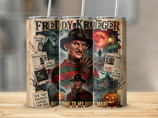 Freddy Krueger artwork on a tumbler with quotes "Stay Awake," "Run," and "Welcome to My Nightmare."