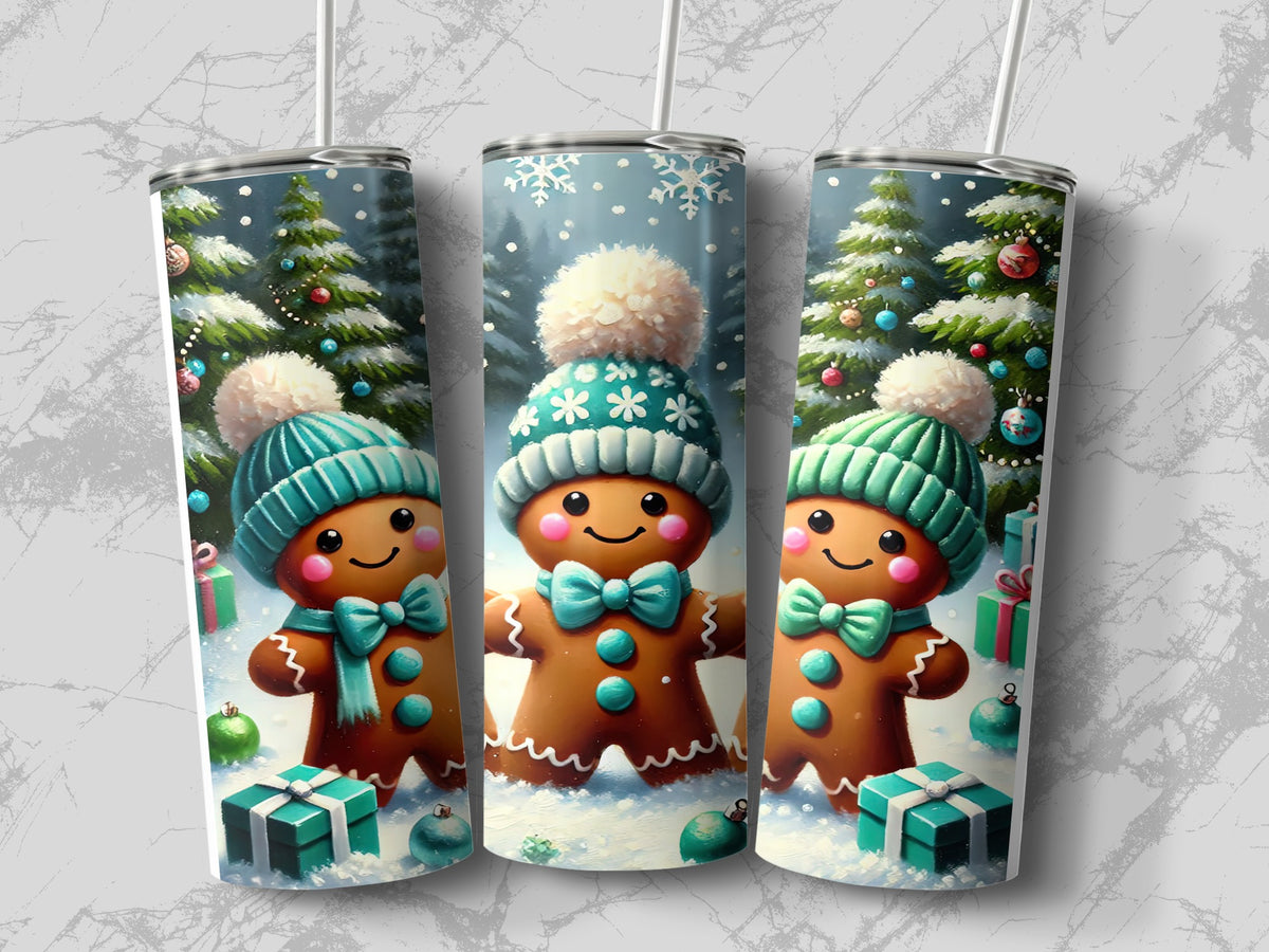 Three metal travel mugs display a repeating winter scene featuring a smiling gingerbread man wearing a teal beanie, bow tie, and scarf amidst snow, presents, and pine trees.