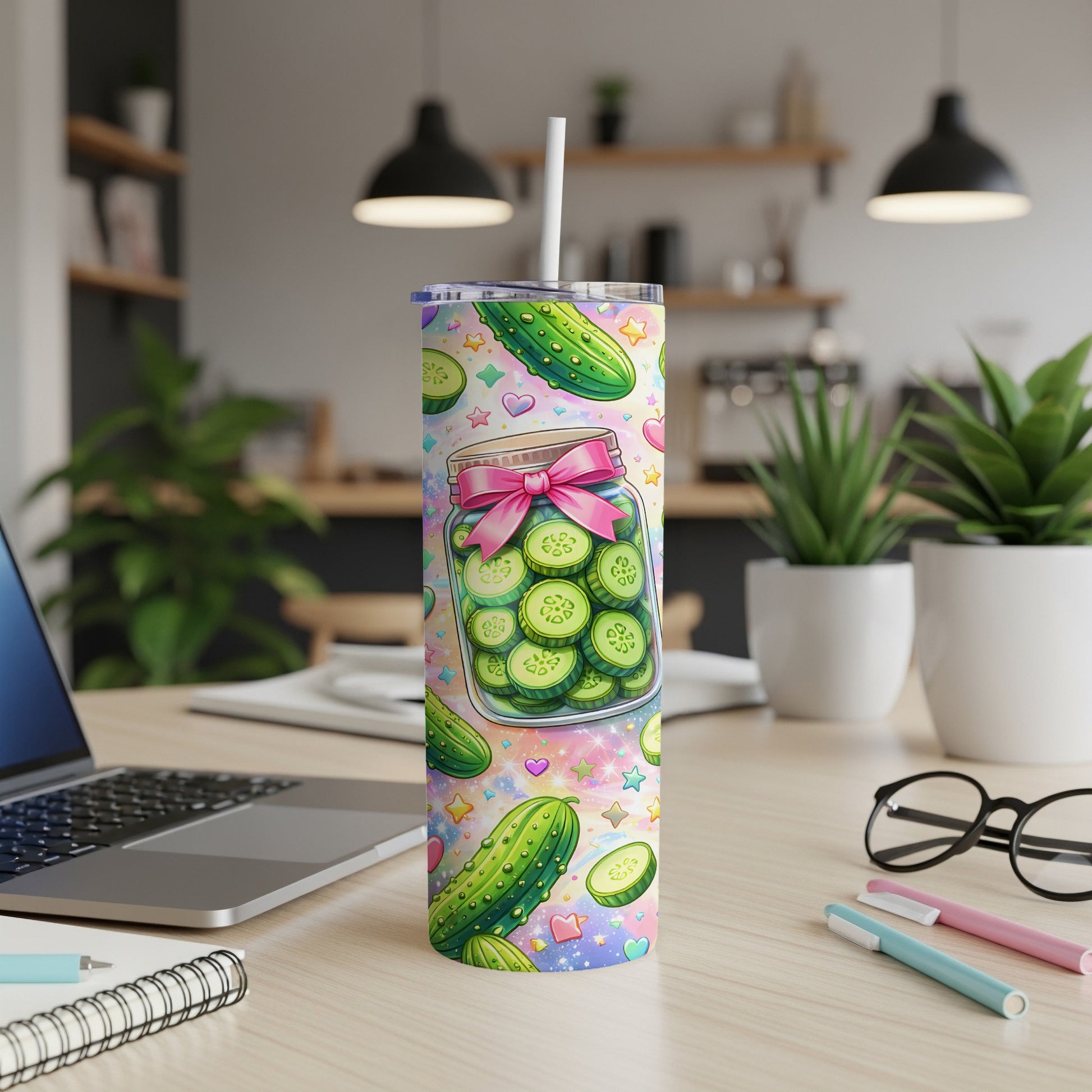 Tall tumbler with cucumber slices in a jar and stars pattern.