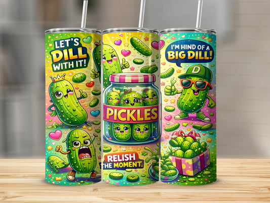 Three cartoon pickles, one with a crown, in colorful tumblers with text.