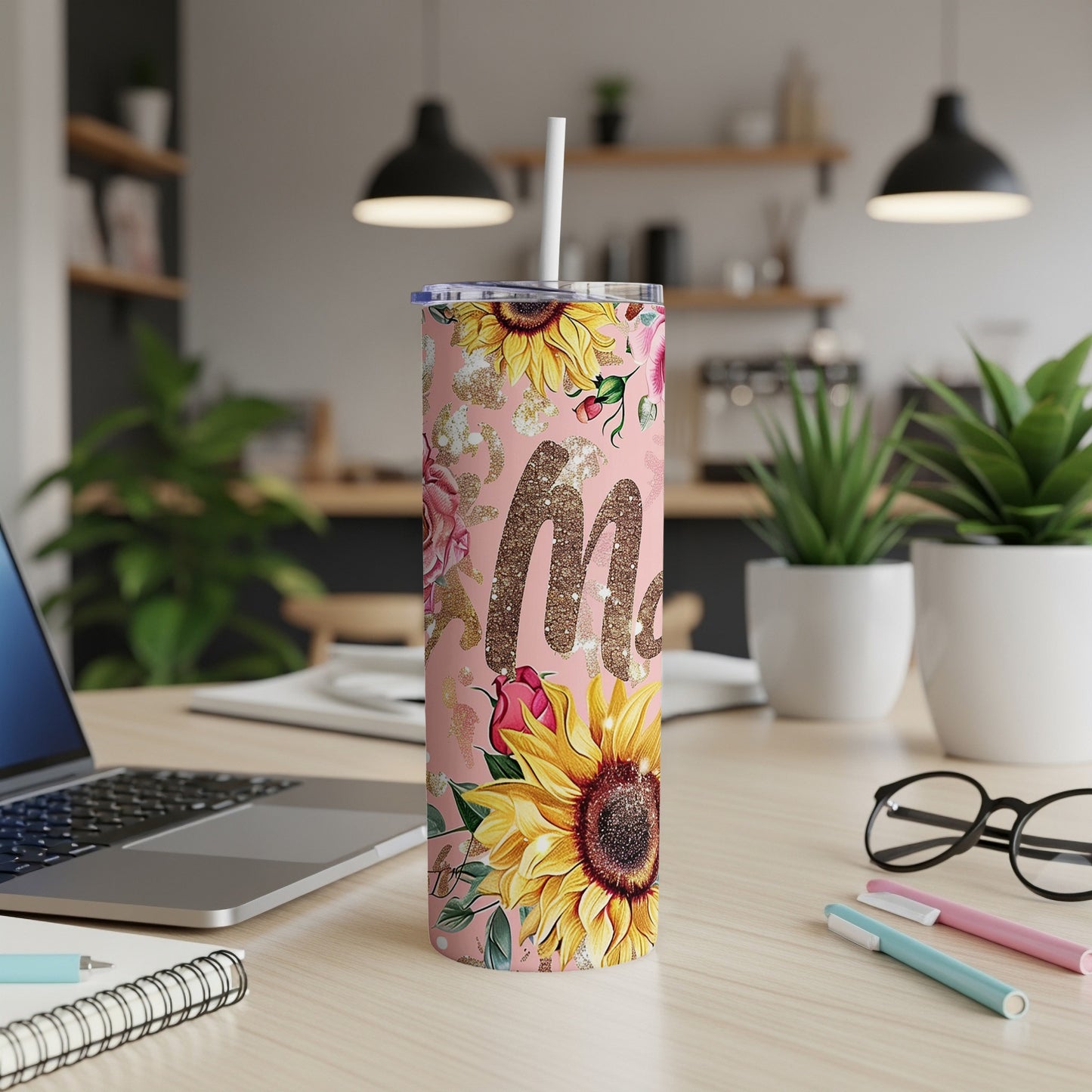 Sunflower and Pink Floral Pattern Custom Tumbler