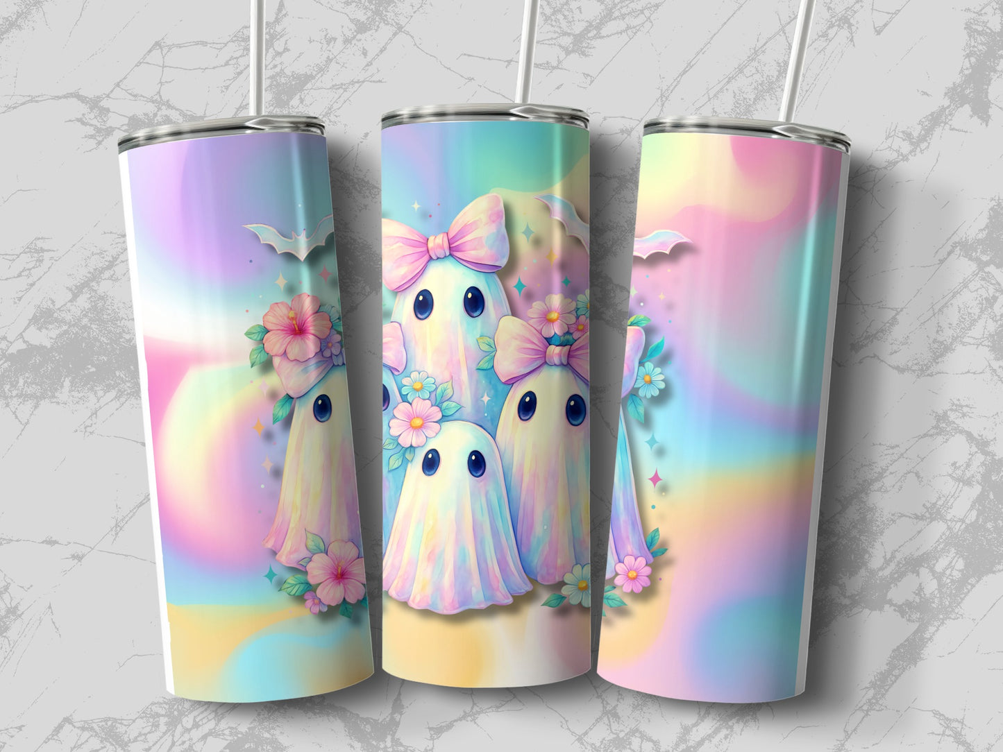 Three tumblers with pastel ghost and flower designs.