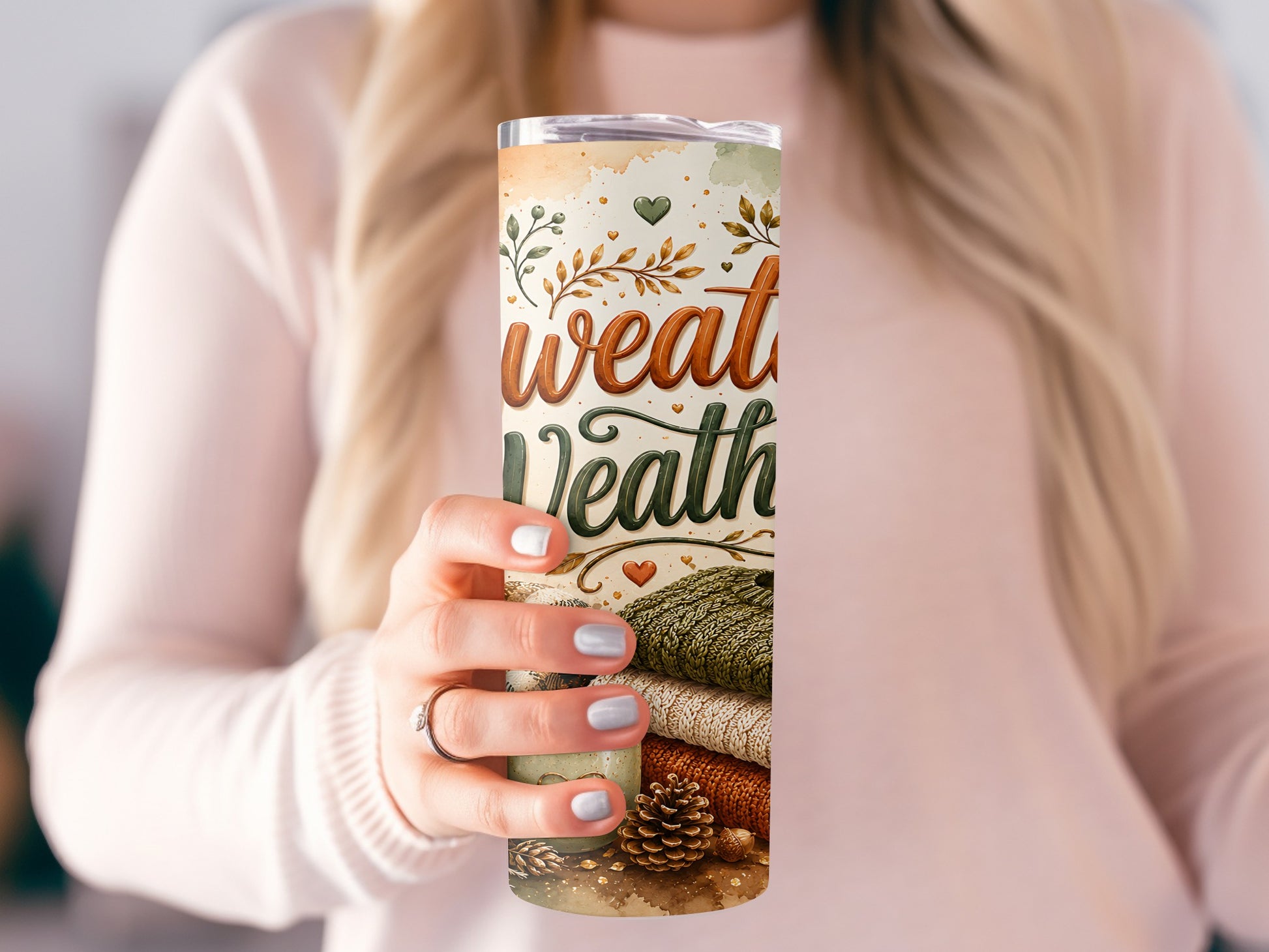 Tumbler with "sweater weather" text, autumn leaves, and cozy knitwear.