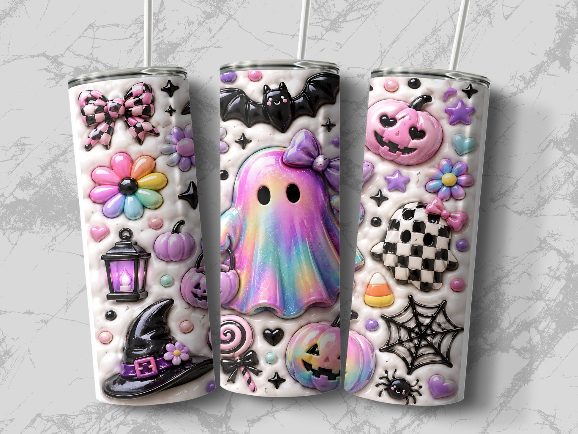 Three tumblers with pastel Halloween icons: ghost, pumpkins, bat, witch hat, and spiderweb.