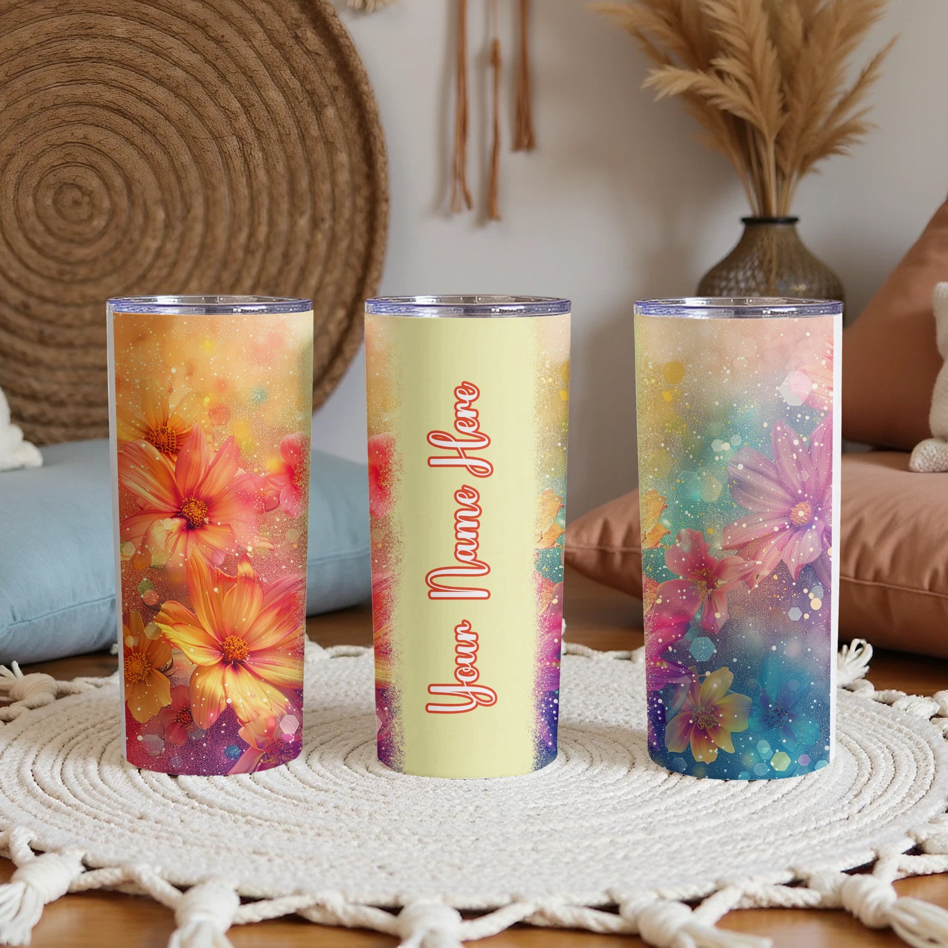 Custom Name Colorful Glitter Floral Tumbler Drinkware Product Type