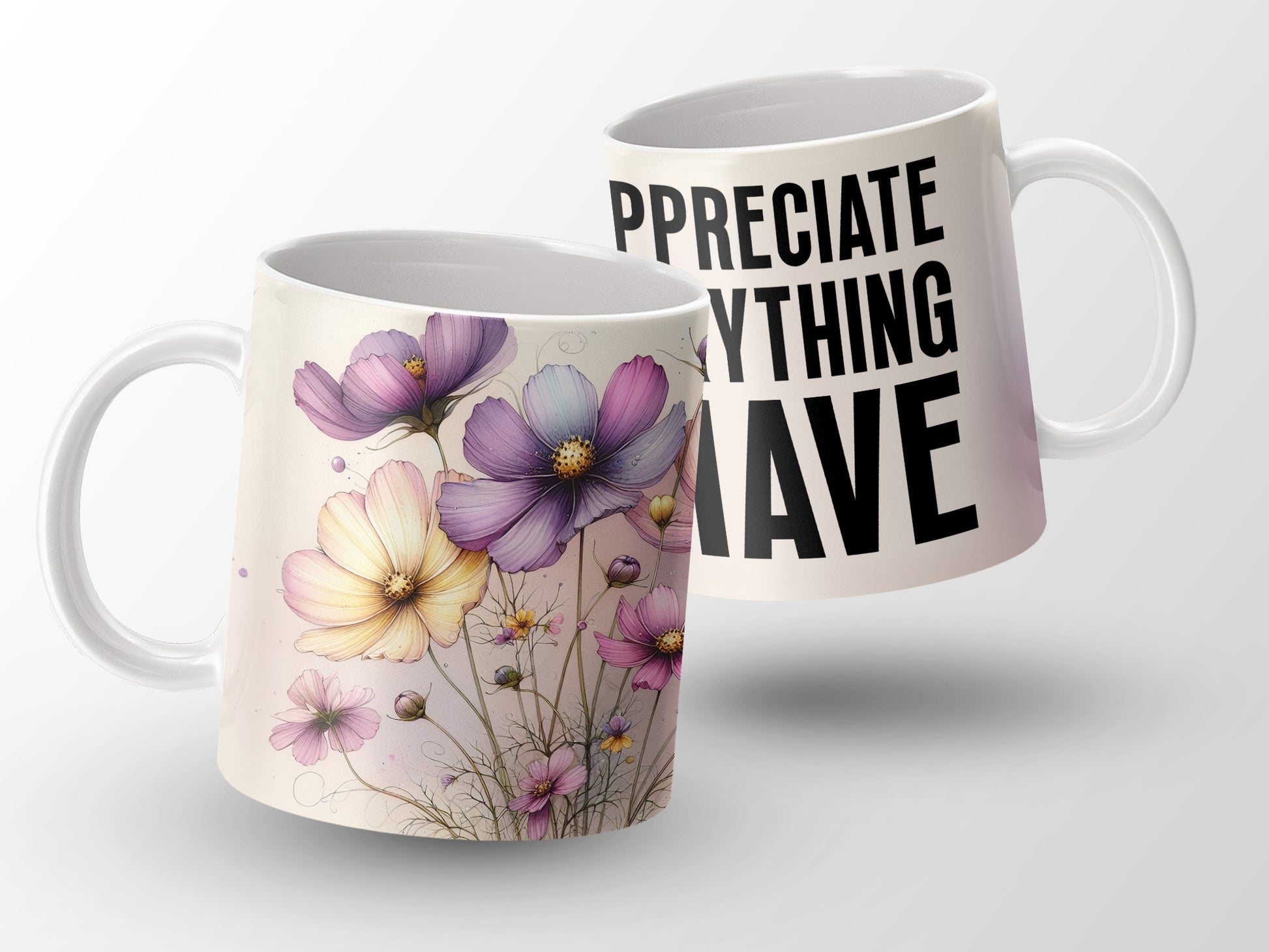 Floral Cosmos APPRECIATE EVERYTHING HAVE Message Mug product type
Mug
Coffee mug
Tea cup
Floral mug
Cosmos flowers
Botanical design
Flower art
Purple flowers
Pink flowers
Yellow flowers
Watercolor style
Appreciate everything
Gratitude message
Inspirational quote
Positive affirmation
Drinkware
Gift idea
Home decor
Kitchenware
Unique design