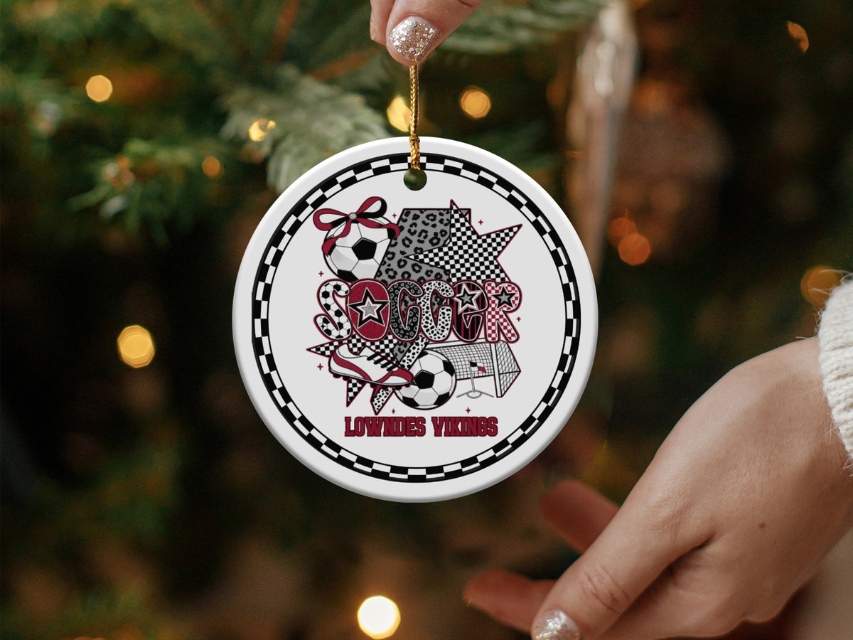Round ornament with soccer graphics and "LOWNDES VIKINGS" text.
