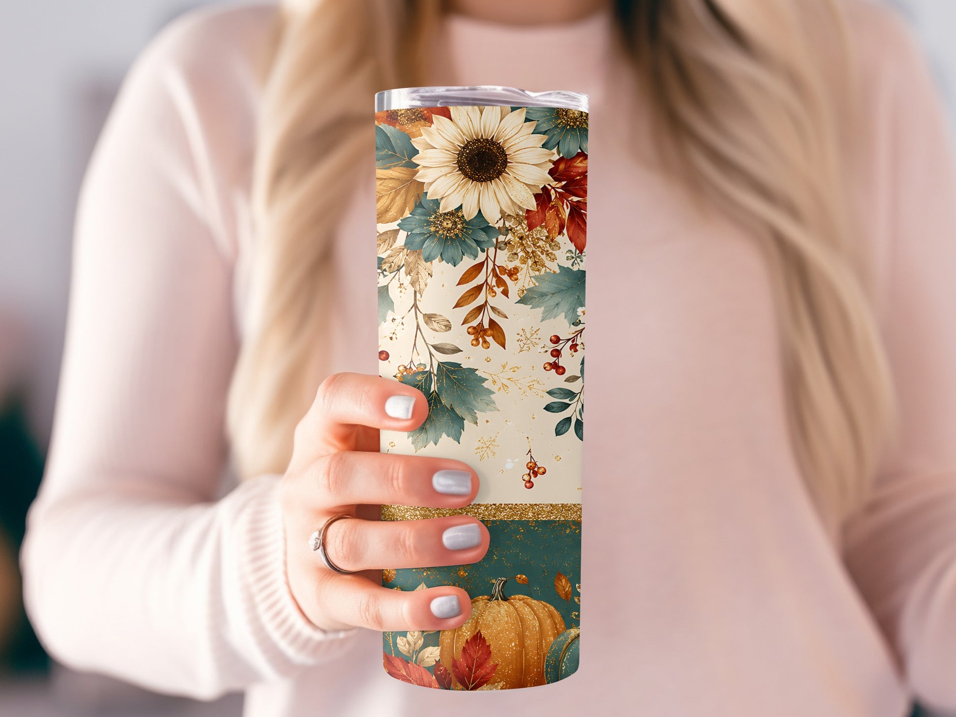 Tumbler with sunflower, leaves, berries, and pumpkins.