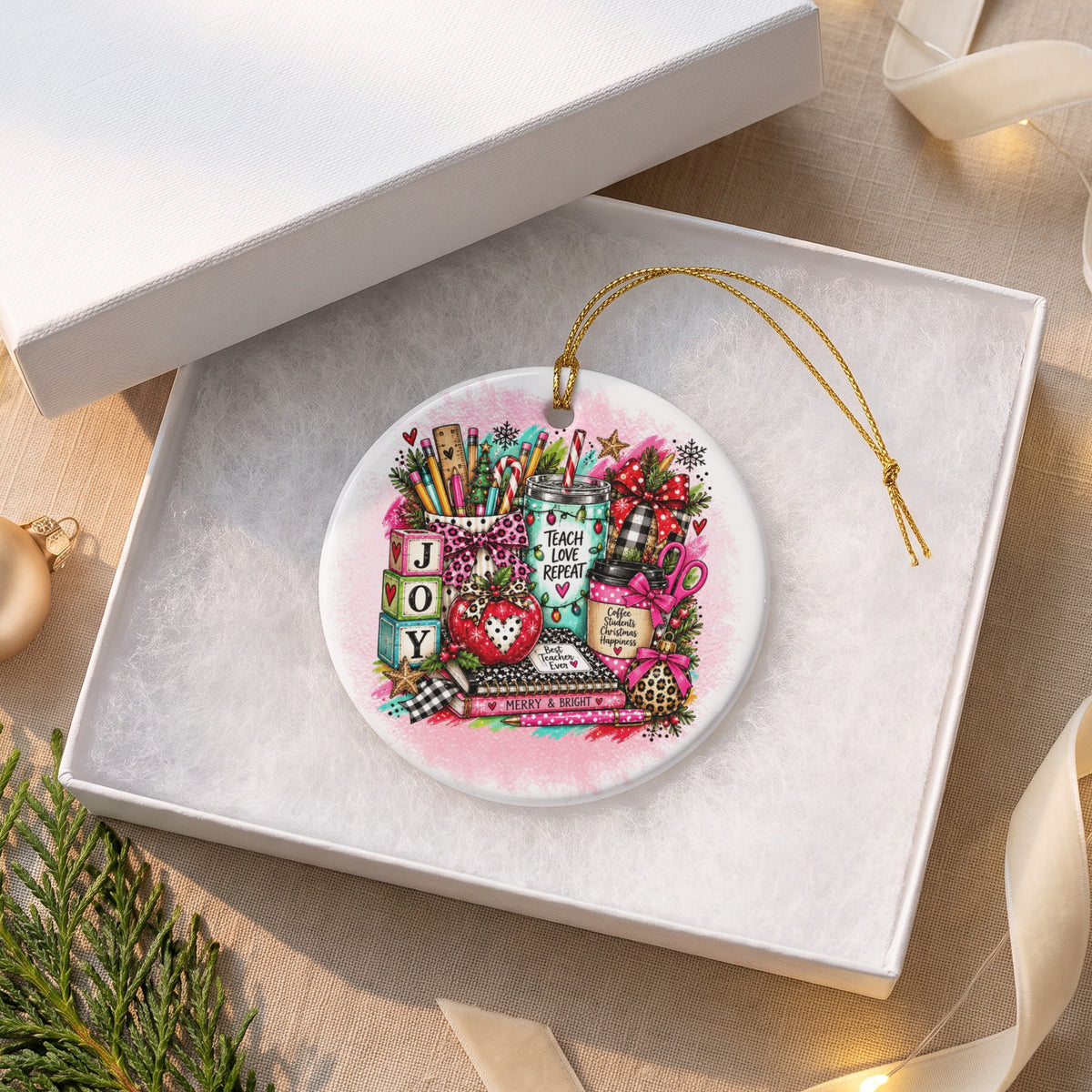 Ceramic ornament with "Teach Love Repeat" and teacher theme in open gift box.