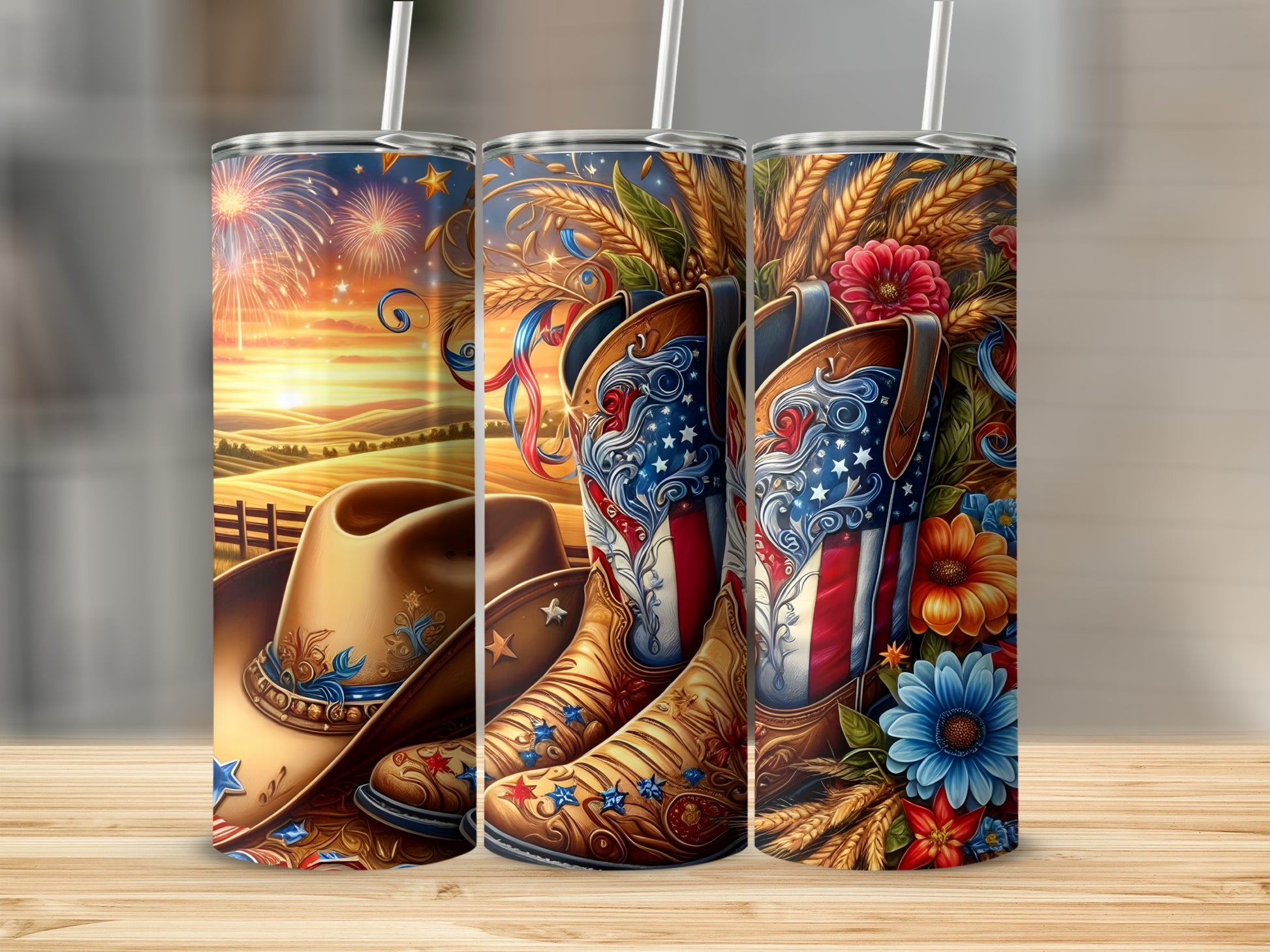 Cowboy boots and hat with American flag design, set against a sunset with fireworks.