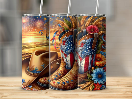 Cowboy boots and hat with American flag design, set against a sunset with fireworks.