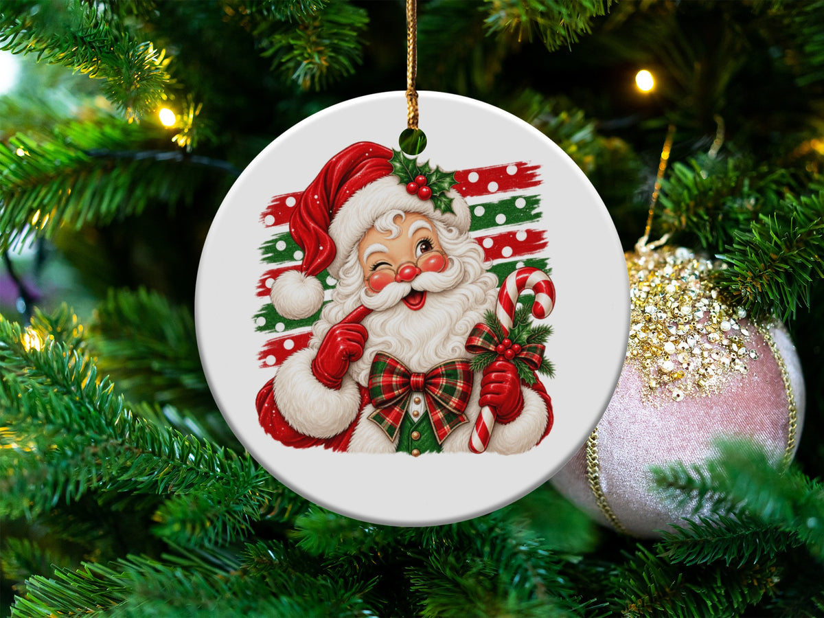 Santa Claus ornament with candy cane and holly on a Christmas tree.