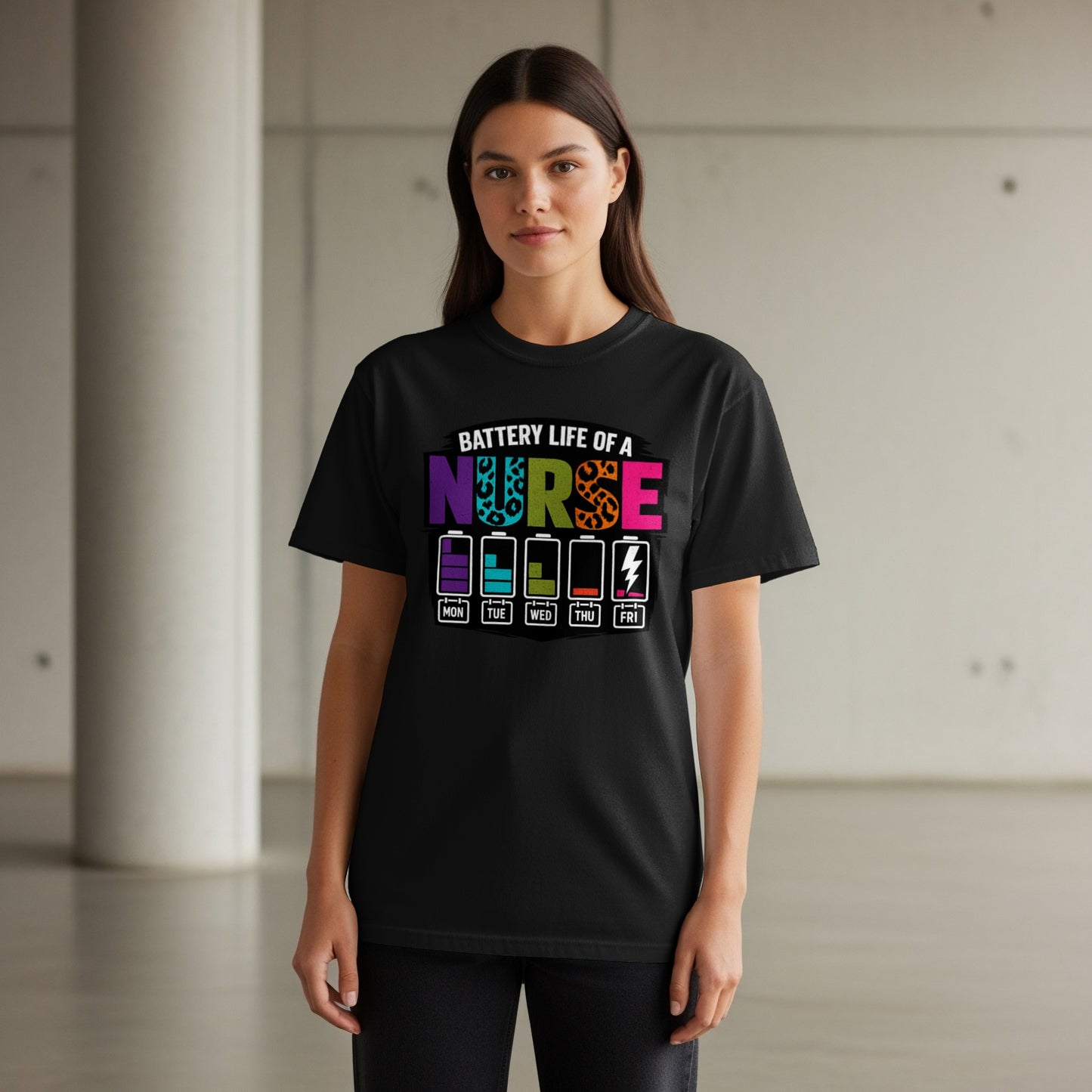 Black t-shirt with "BATTERY LIFE OF A NURSE" and colorful battery icons.