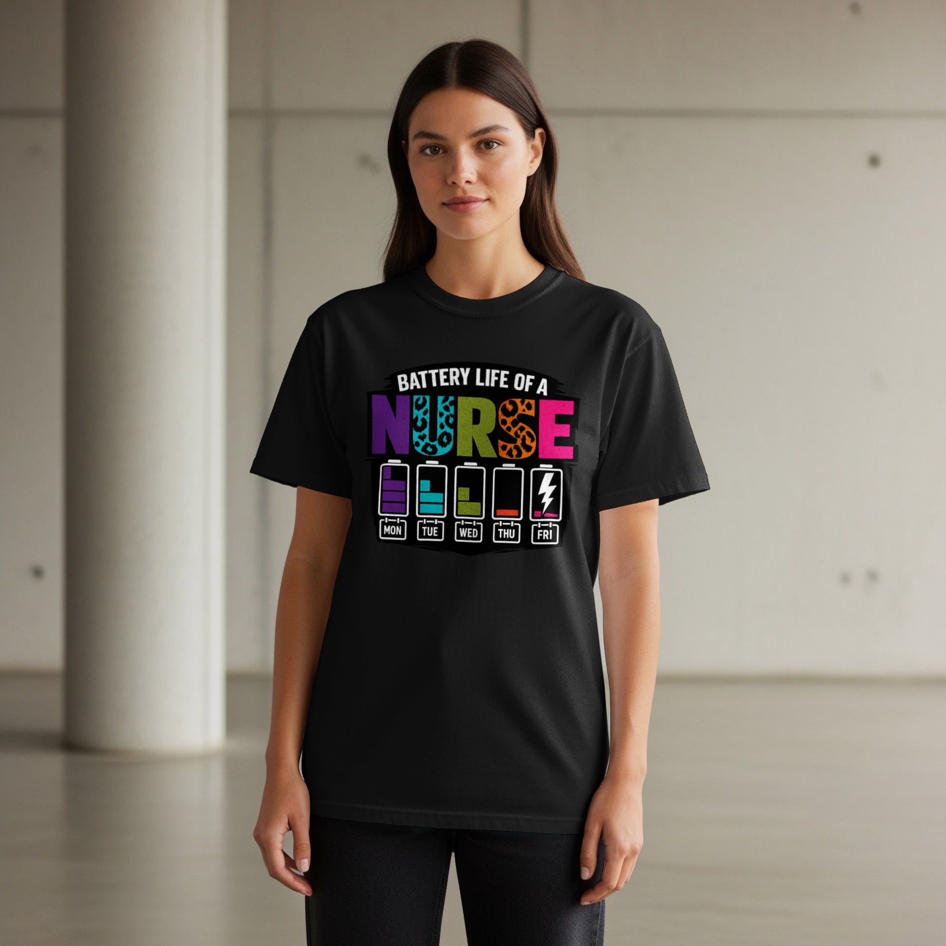 Black t-shirt with "BATTERY LIFE OF A NURSE" and colorful battery icons.
