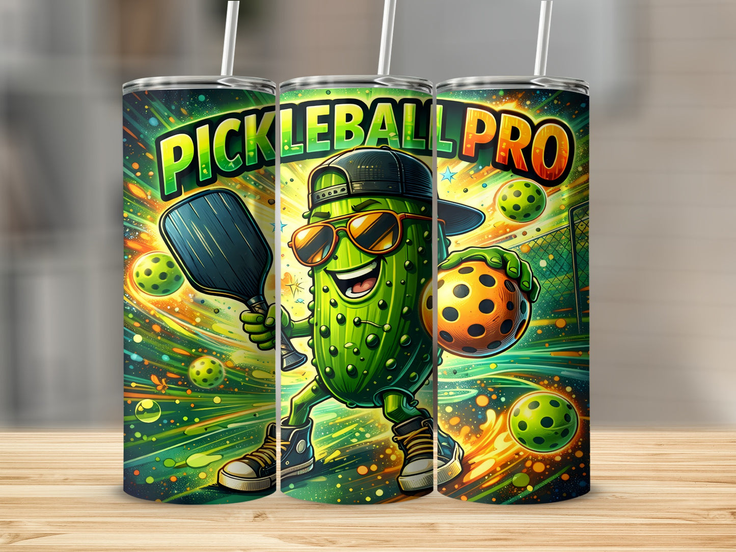 Cartoon pickle wearing sunglasses and a hat, holding a pickleball paddle and ball.