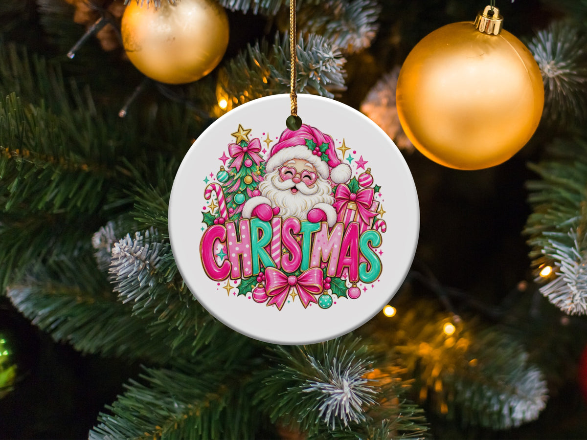Round ornament with Santa, presents, and the word CHRISTMAS against a Christmas tree.